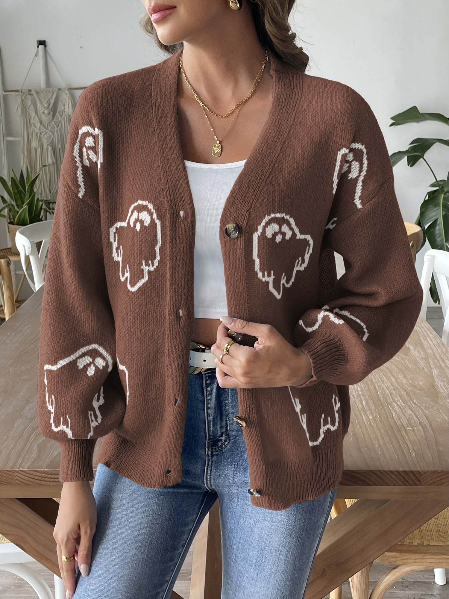 Halloween Ghost Casual Button Long Sleeves Sweater Brown/L