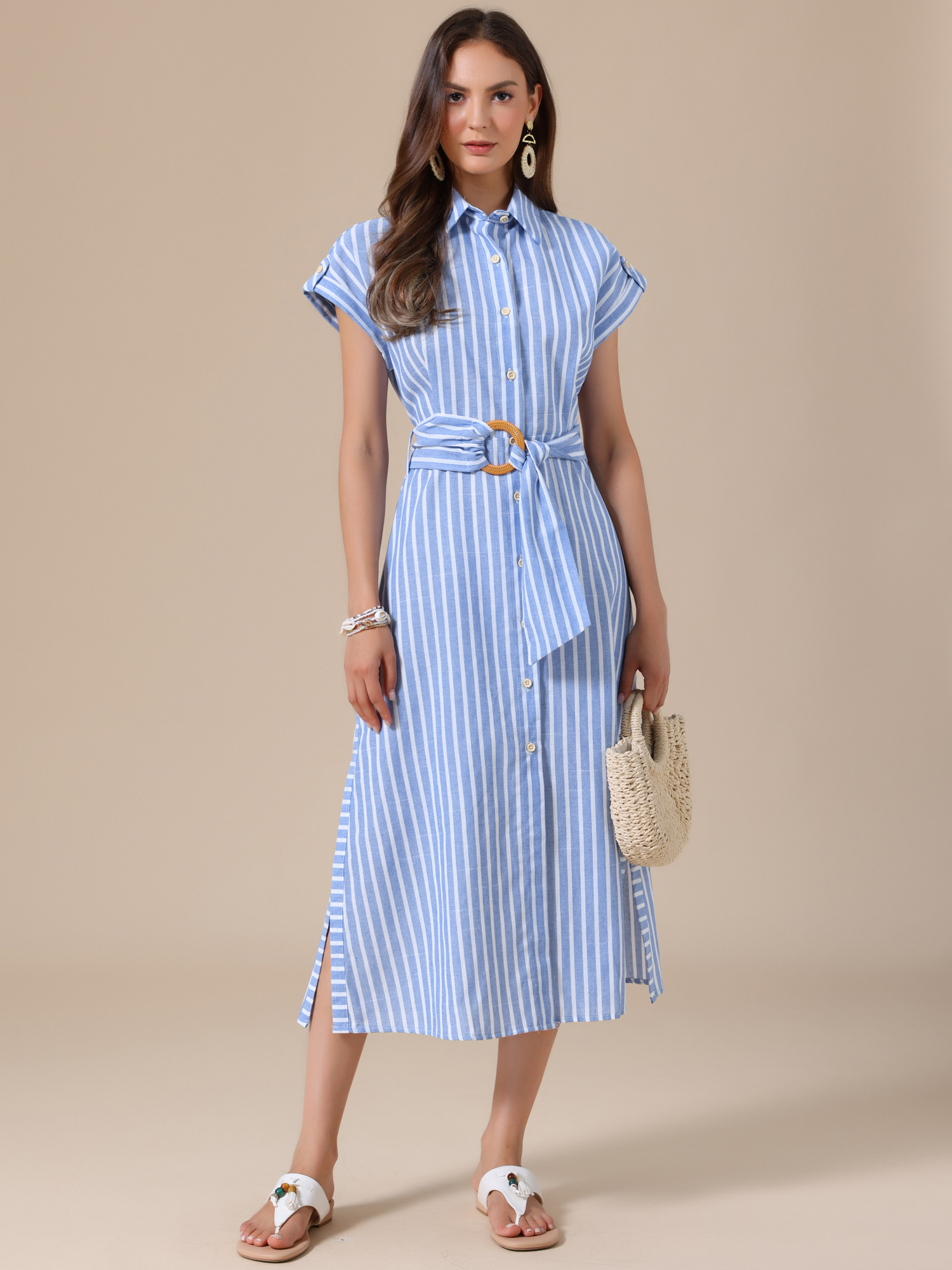 Striped Button Down Side Slit Belted A-Line Shirt Dress Blue and White/L