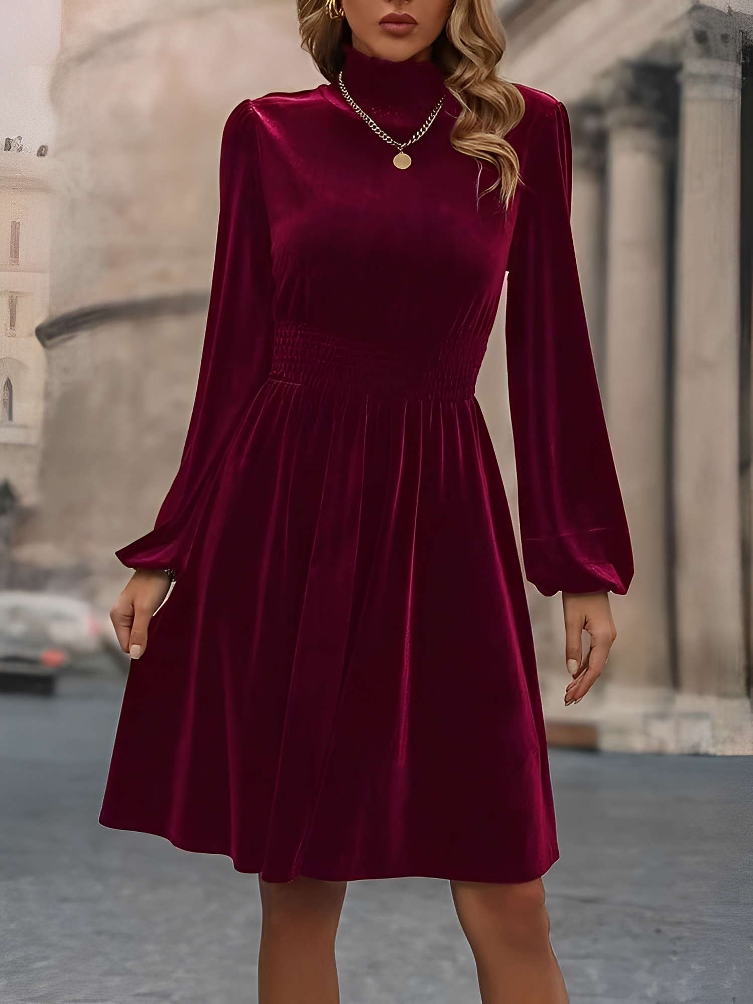Velvet Smocked Neck Puff Long Sleeves A-Line Dress Burgundy/XS