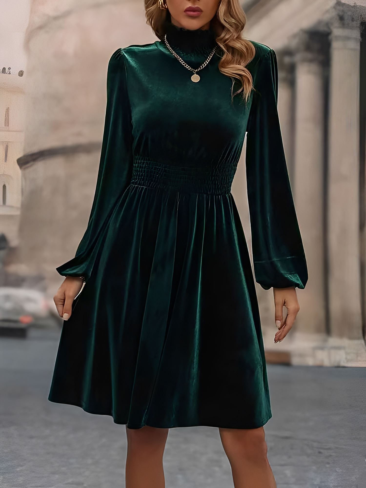 Velvet Smocked Neck Puff Long Sleeves A-Line Dress Green/XS
