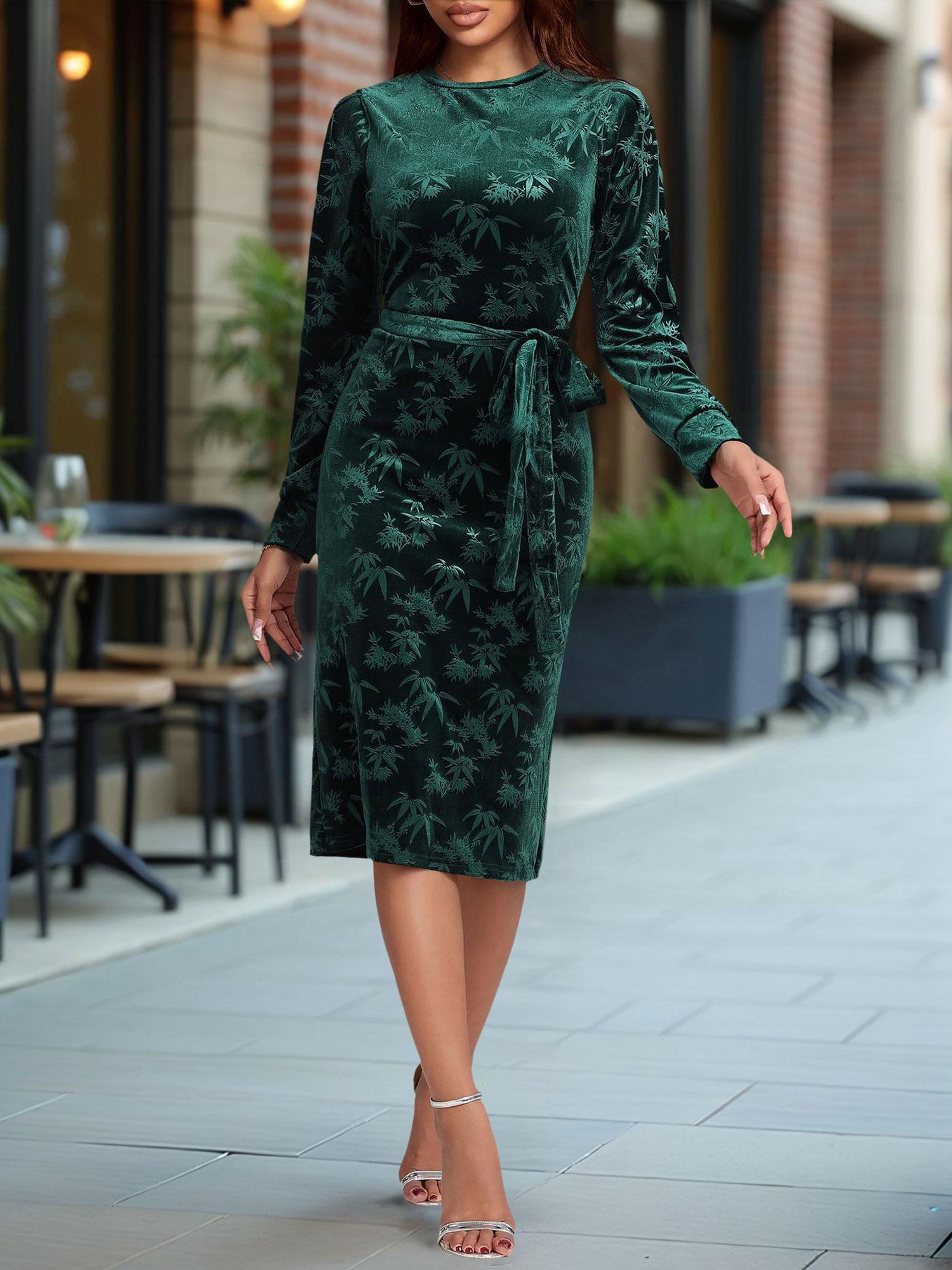 Round Neck Long Sleeves Velvet Midi Dress Green/L