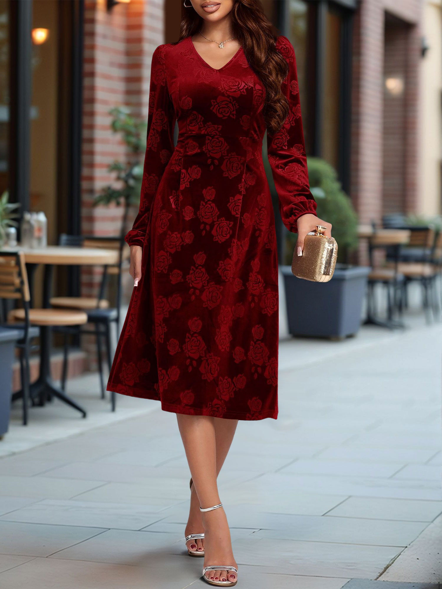 Velvet Embossed V Neck Puff Sleeves A-Line Dress Burgundy/L