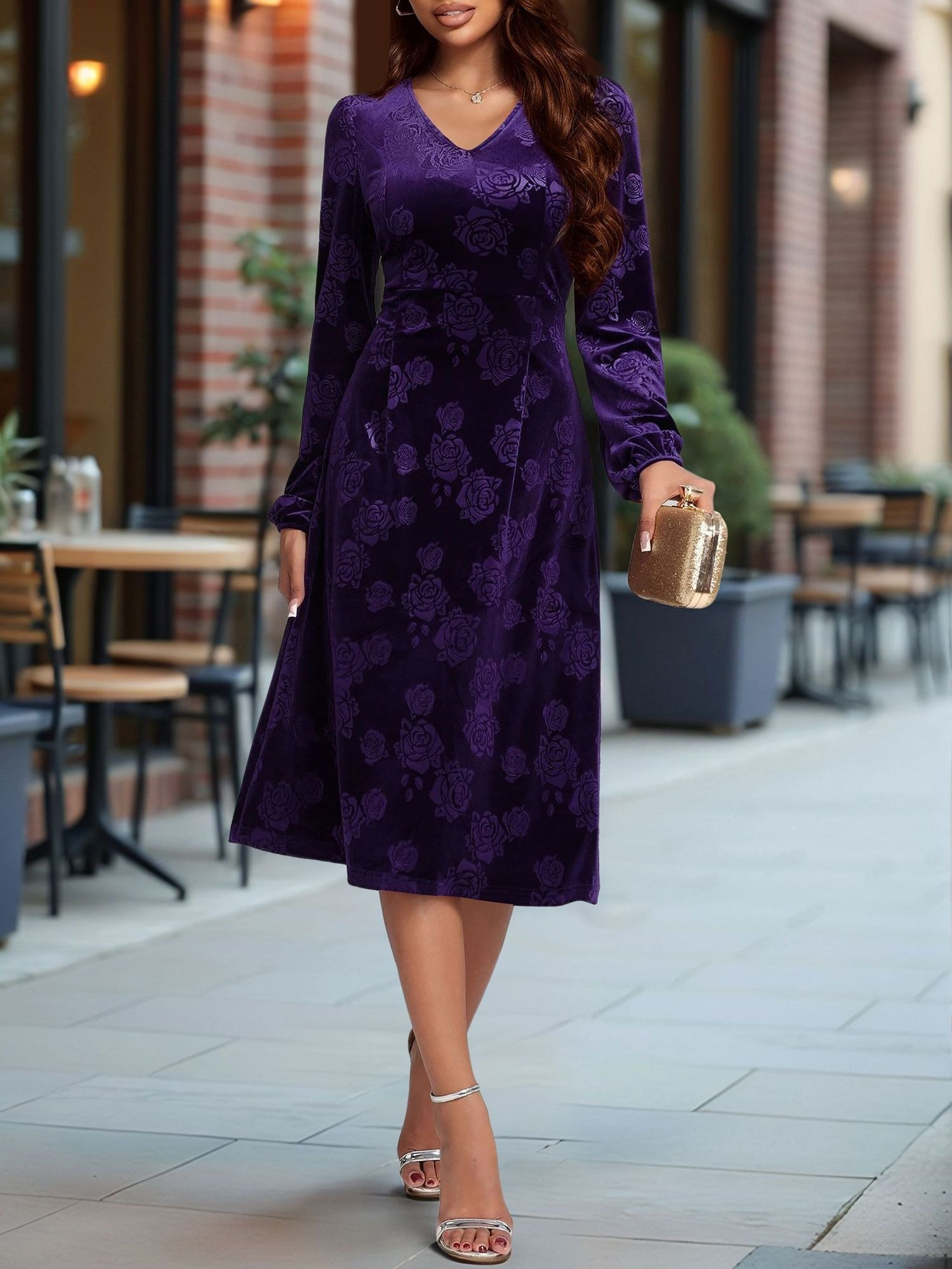 Velvet Embossed V Neck Puff Sleeves A-Line Dress Purple/M