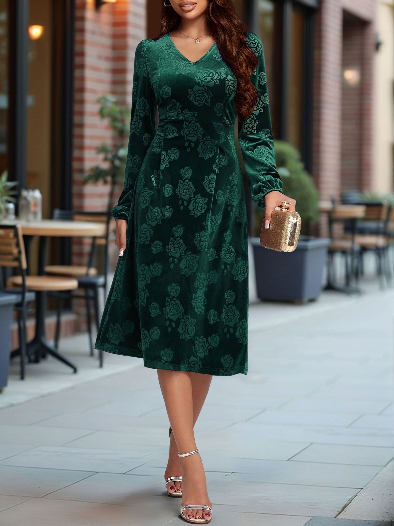 Velvet Embossed V Neck Puff Sleeves A-Line Dress Green/L