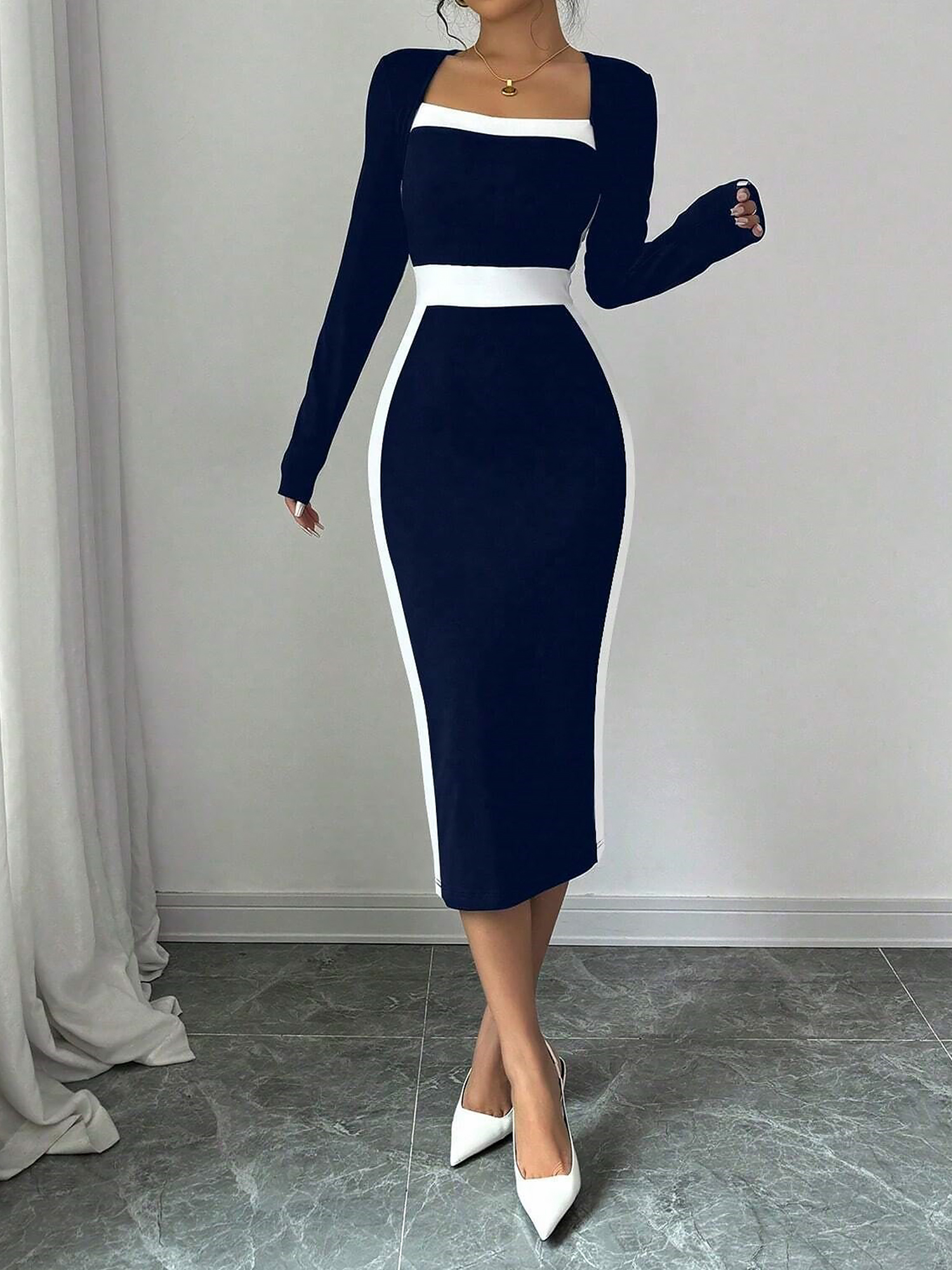 Square Neck Long Sleeves Colorblock Bodycon Dress Dark Blue/XS