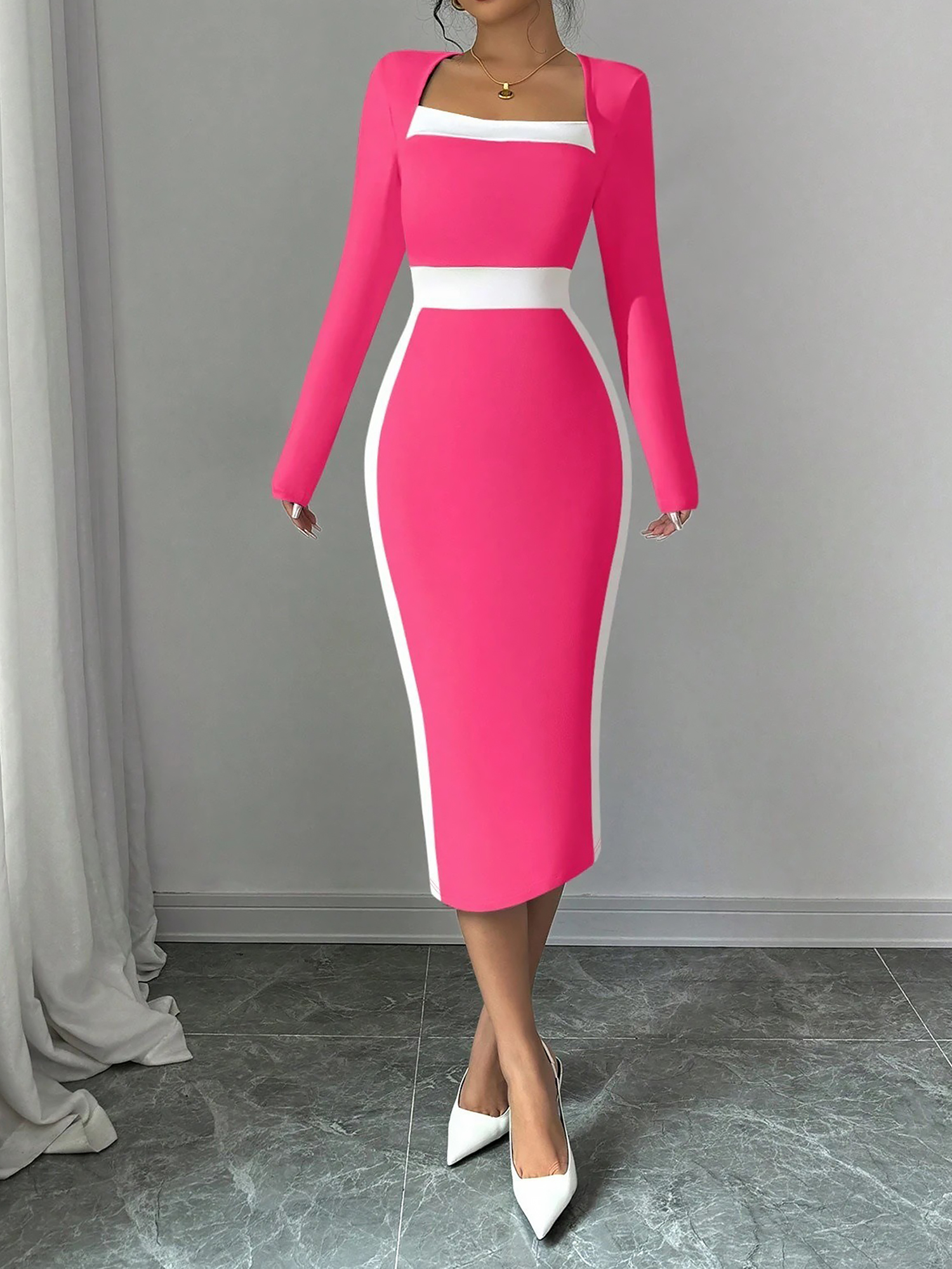 Square Neck Long Sleeves Colorblock Bodycon Dress Hot Pink/M