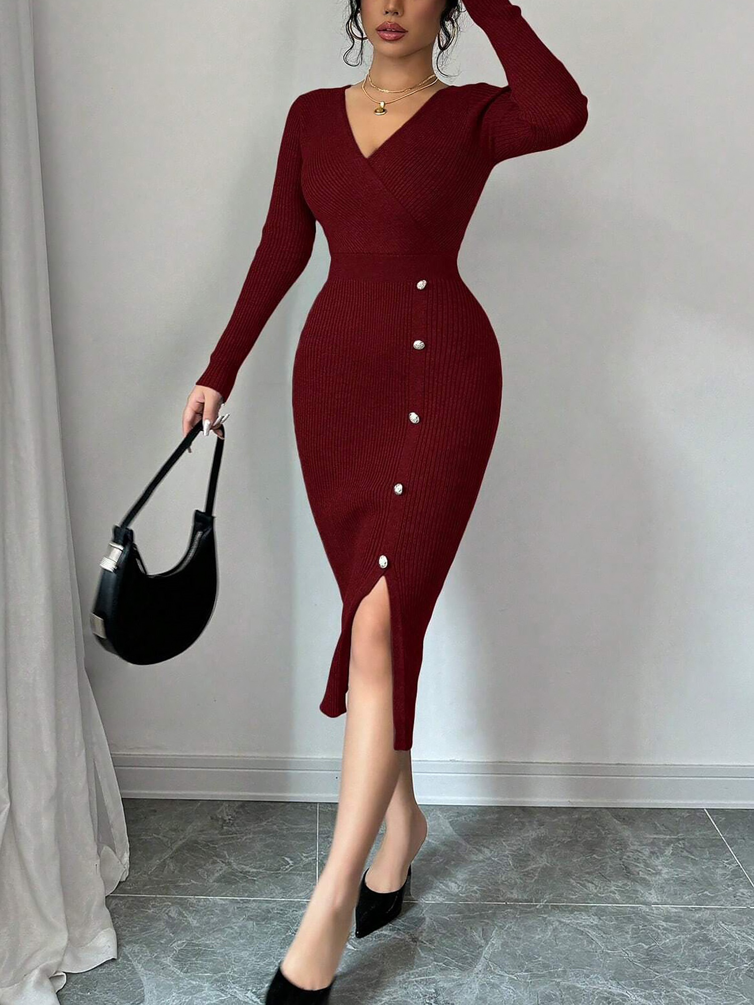 V Neck Long Sleeves Slit Bodycon Sweater Dress Burgundy/M