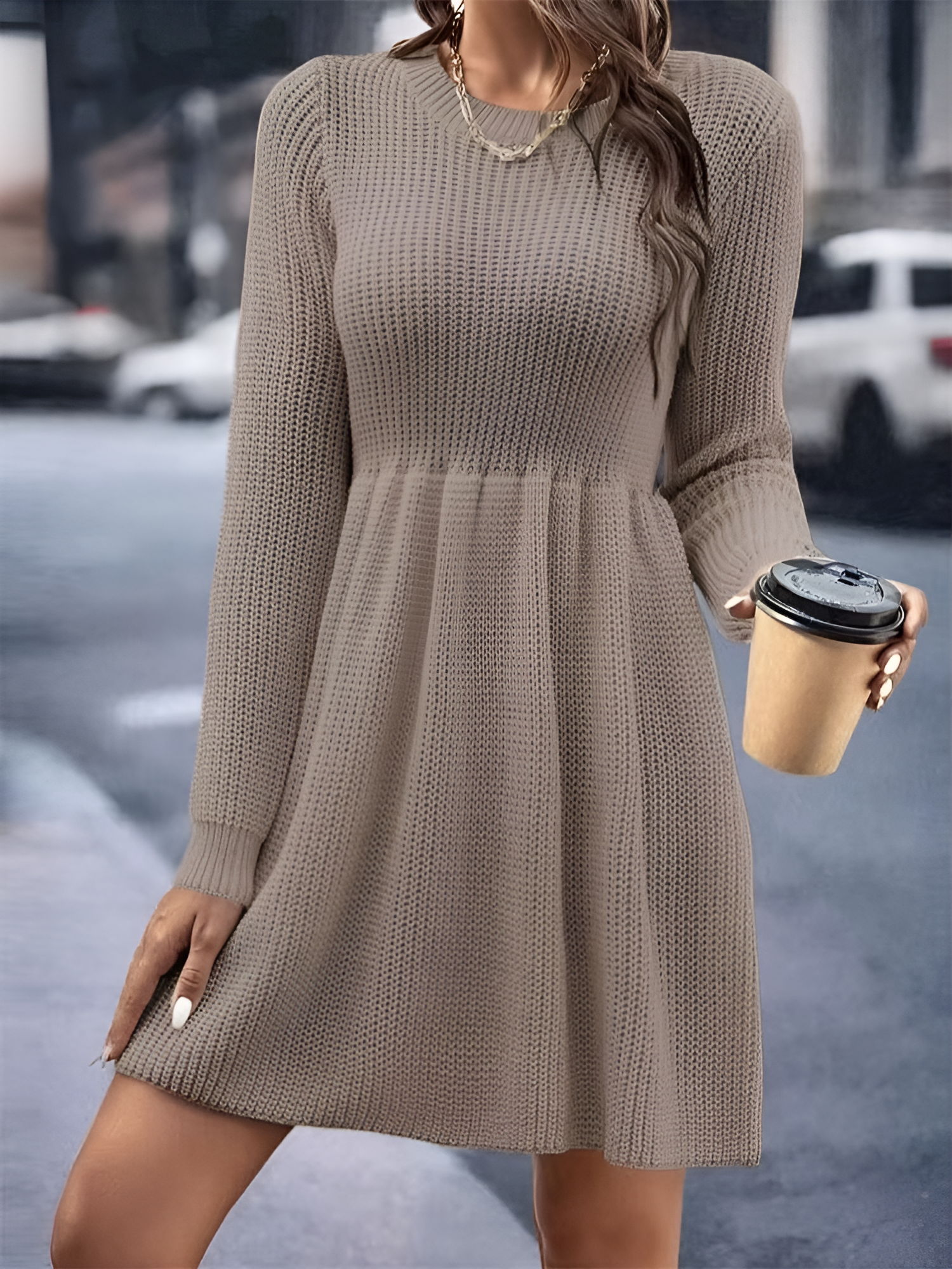 Round Neck Long Sleeves Solid Color Sweater Dress Gray Khaki/S
