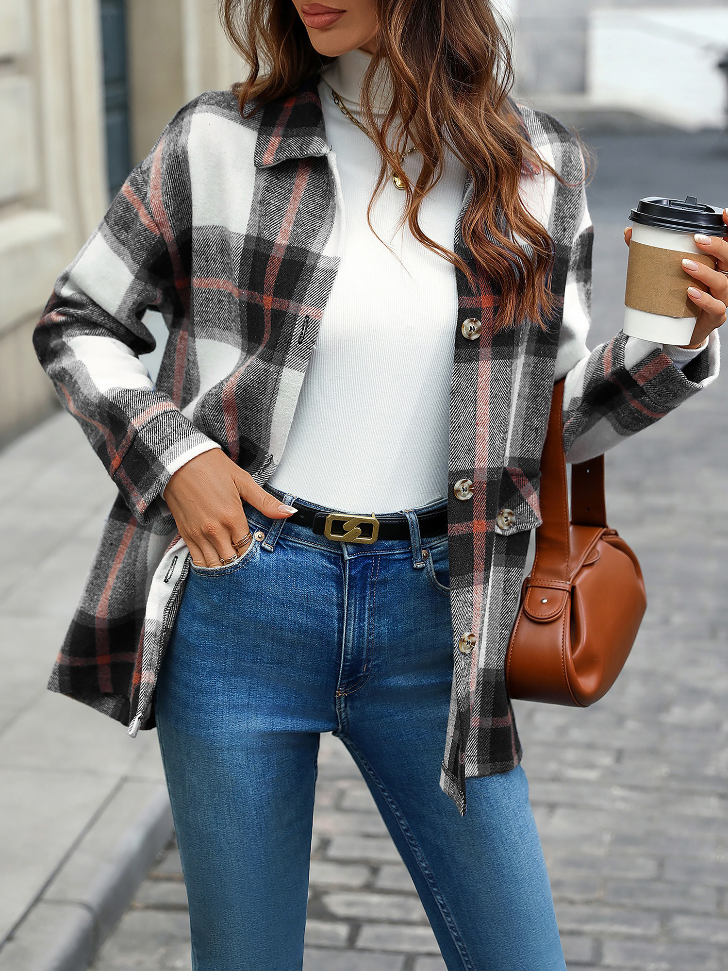 Plaid Button Down Long Sleeves Shirt Jacket Shacket Black/L