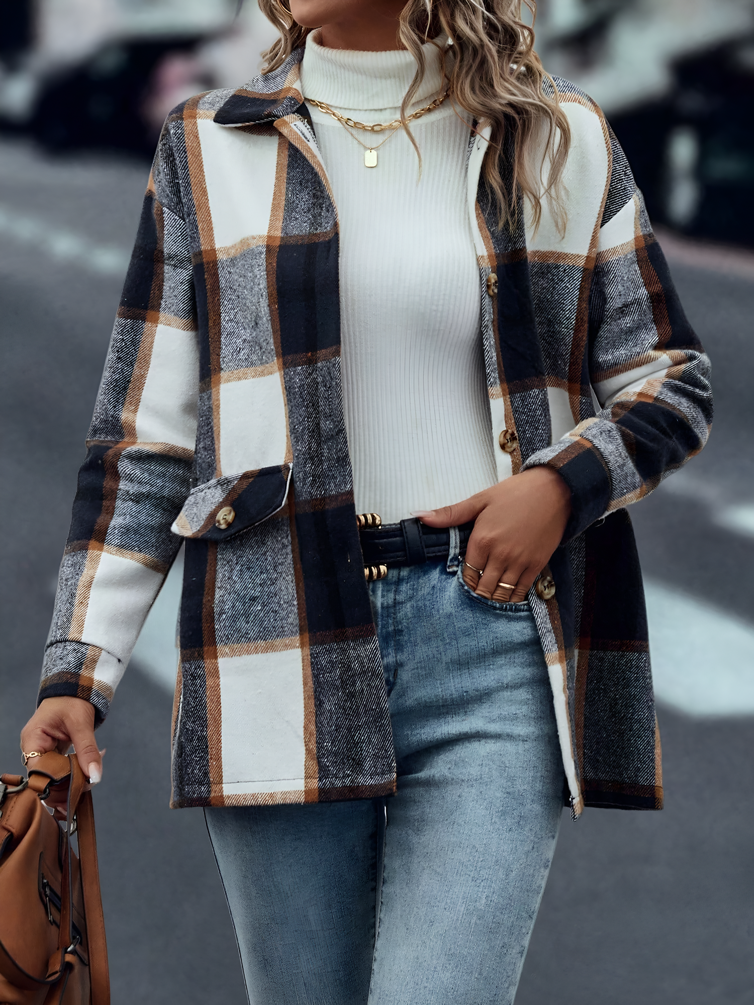 Plaid Button Down Long Sleeves Shirt Jacket Shacket Dark Blue/XL