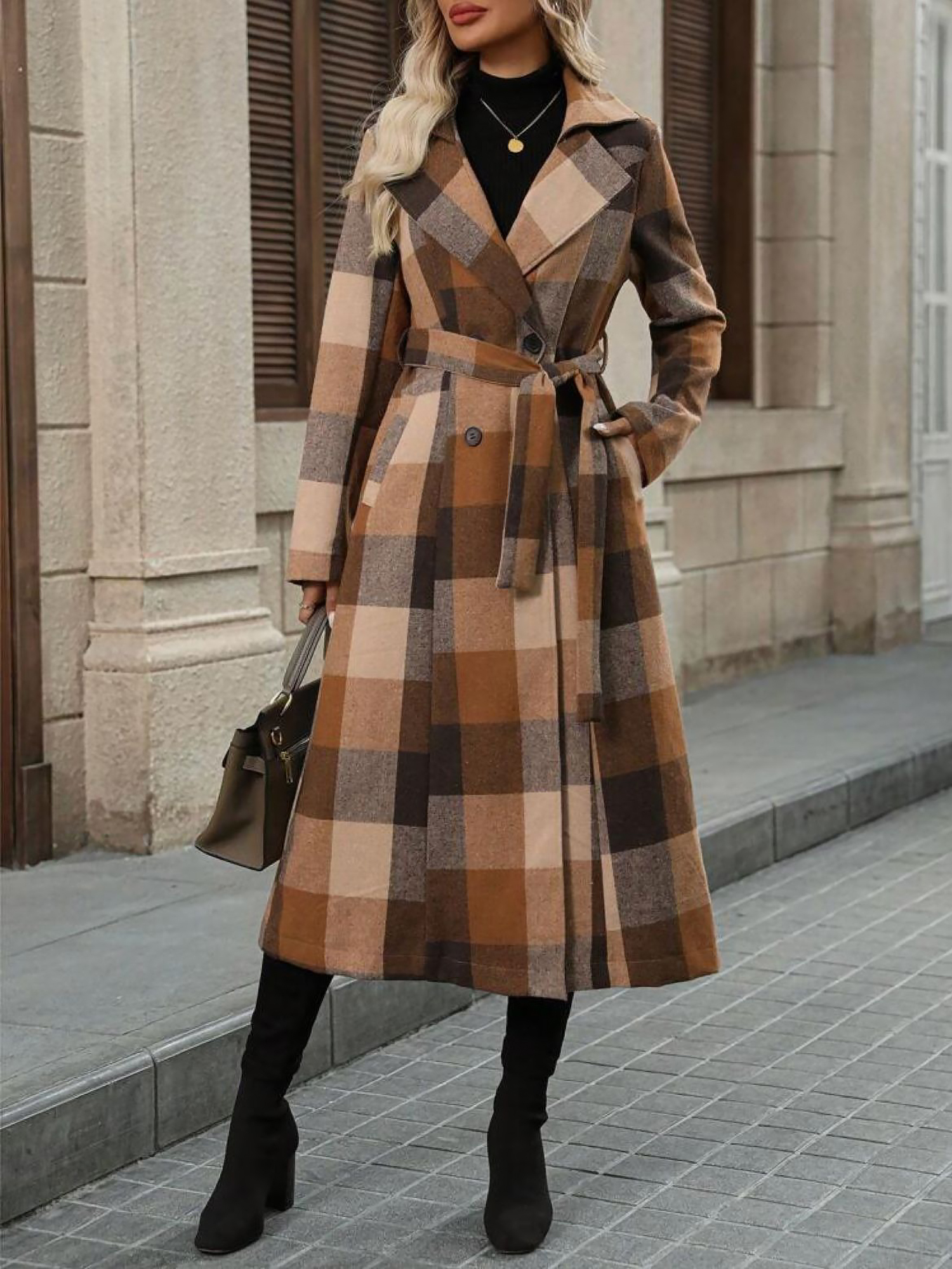 Notched Lapel Double Breasted Long Plaid Coat Khaki/M