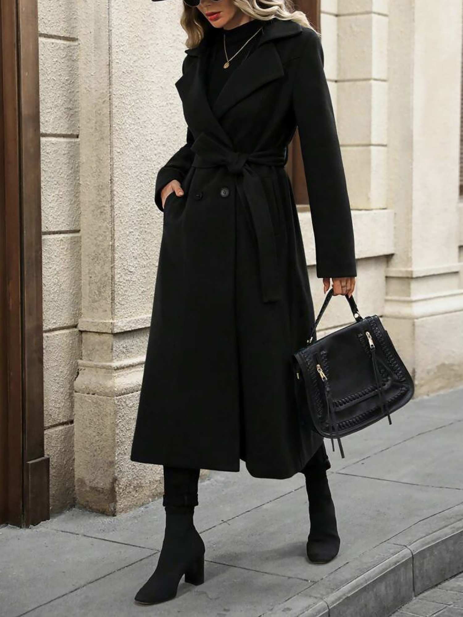 Notched Lapel Double Breasted Solid Color Long Coat Black/M