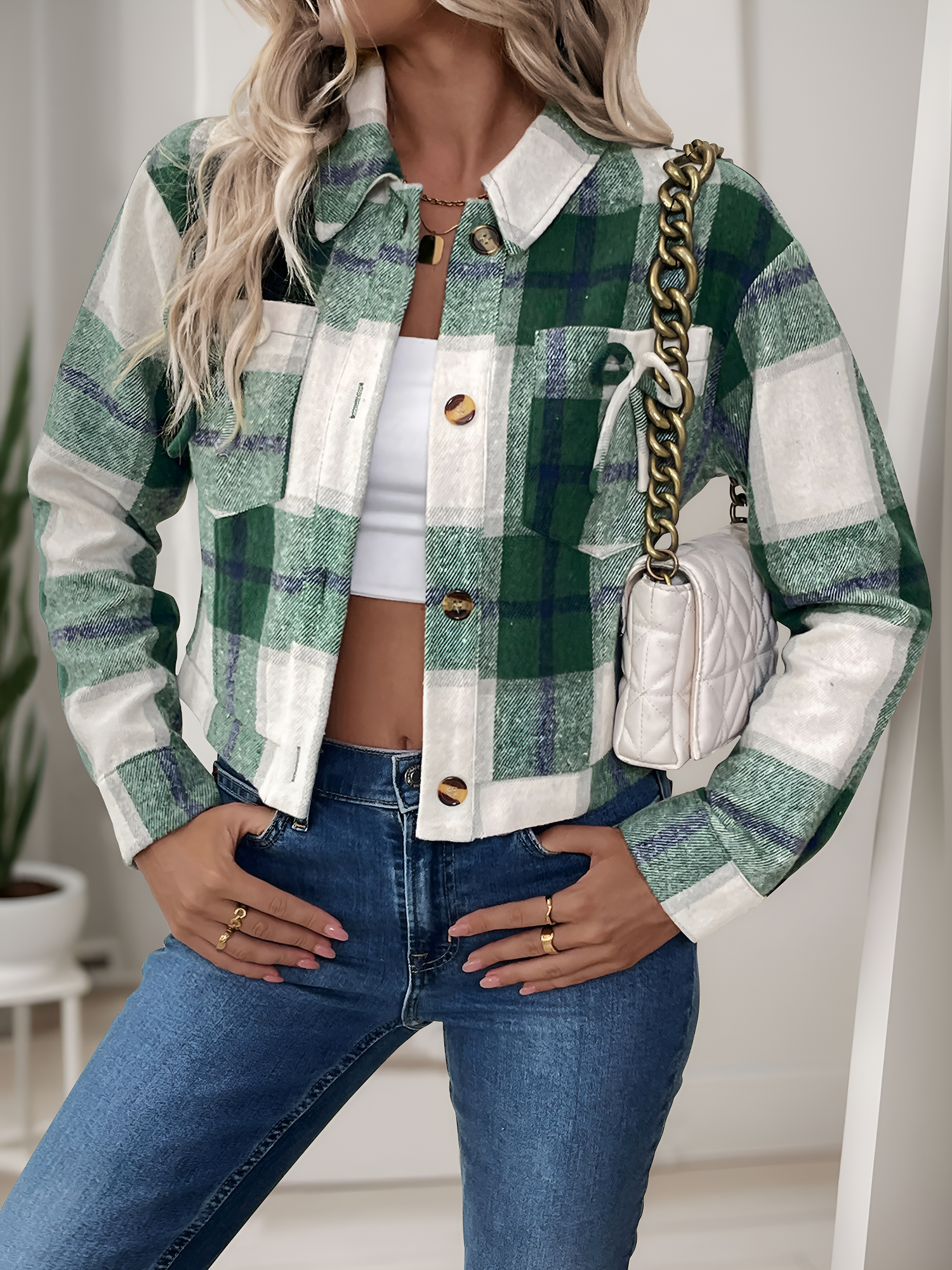 Plaid Casual Turn Down Collar Cropped Jacket Green/S