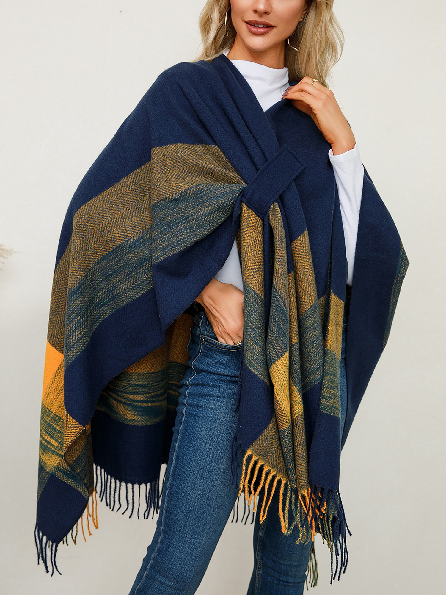 Plaid Shawl Scarf Knitted Poncho Cape Cloak Jacket Navy Blue/One Size