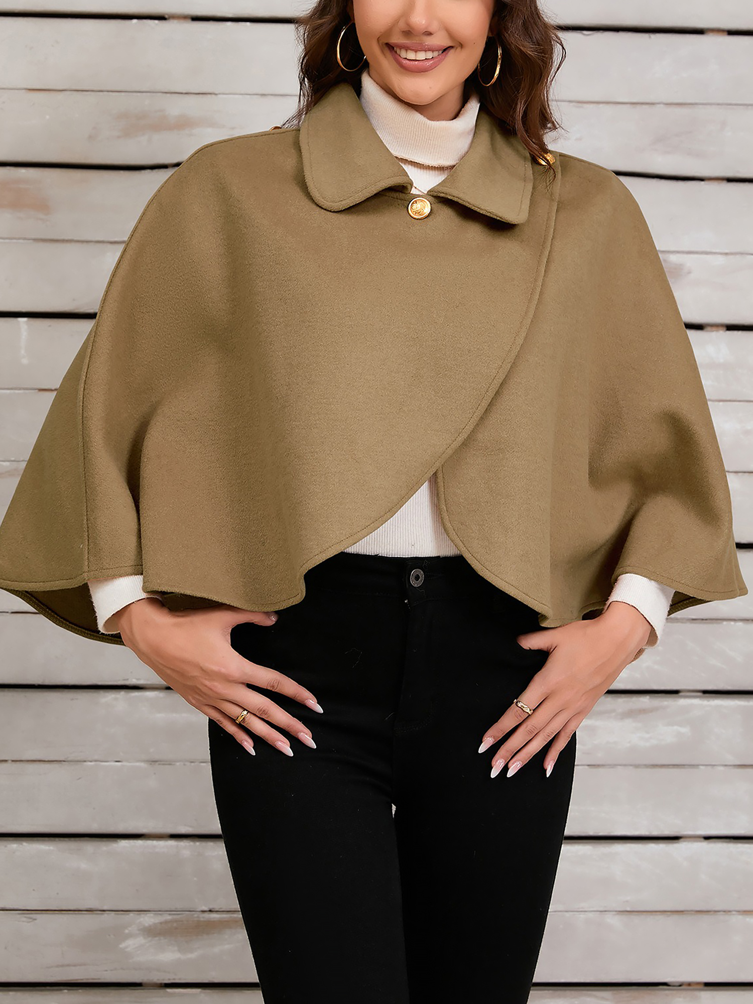 Solid Color Cropped Cape Cloak Jacket Khaki/One Size