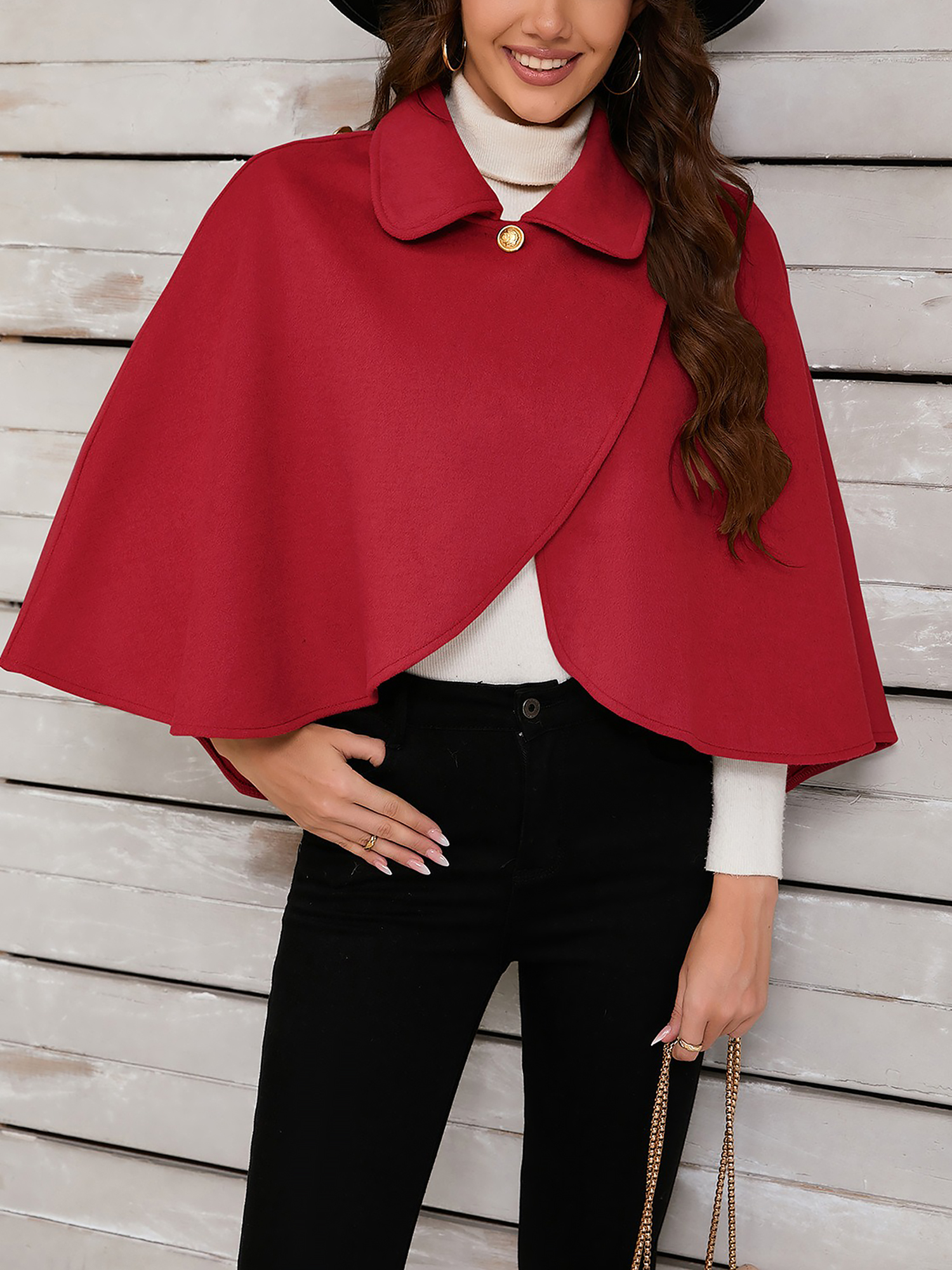 Solid Color Cropped Cape Cloak Jacket Red/One Size