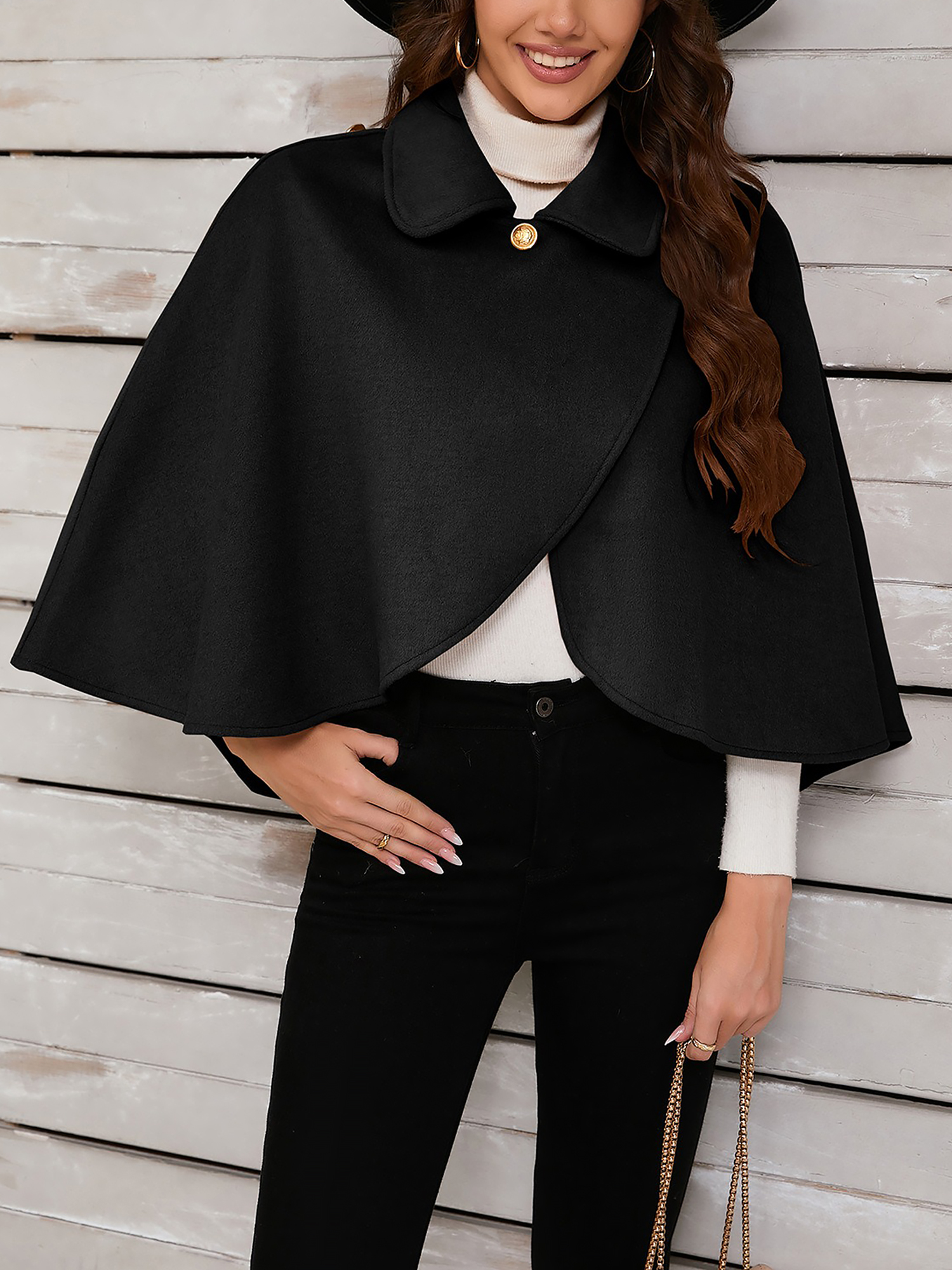 Solid Color Cropped Cape Cloak Jacket Black/One Size