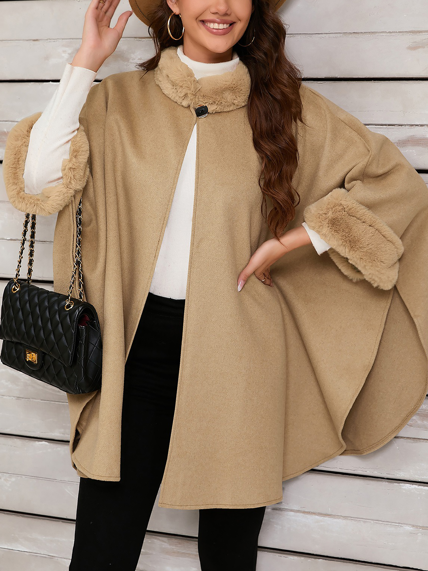 Faux Fur Collar Solid Color Cape Cloak Coat Khaki/One Size