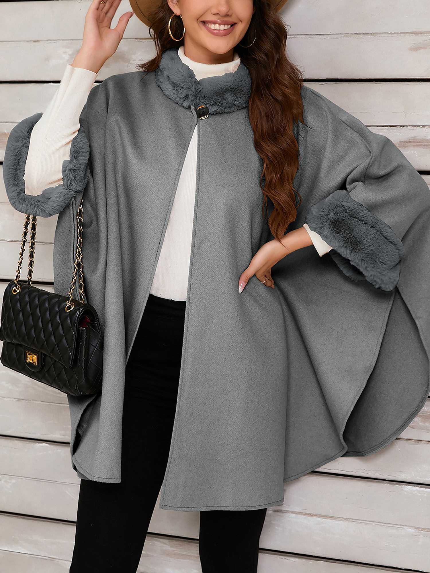 Faux Fur Collar Solid Color Cape Cloak Coat Gray/One Size