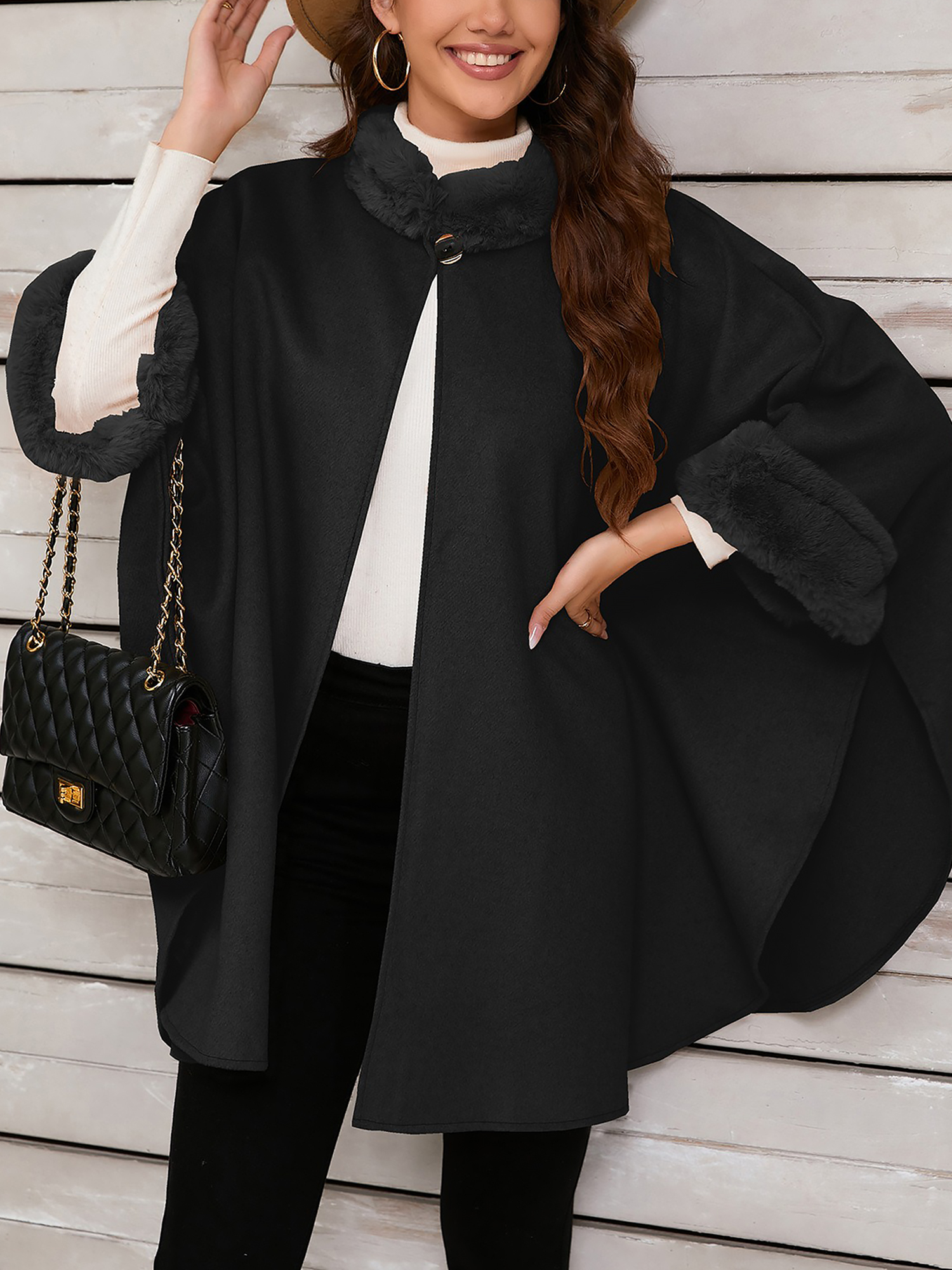 Faux Fur Collar Solid Color Cape Cloak Coat Black/One Size
