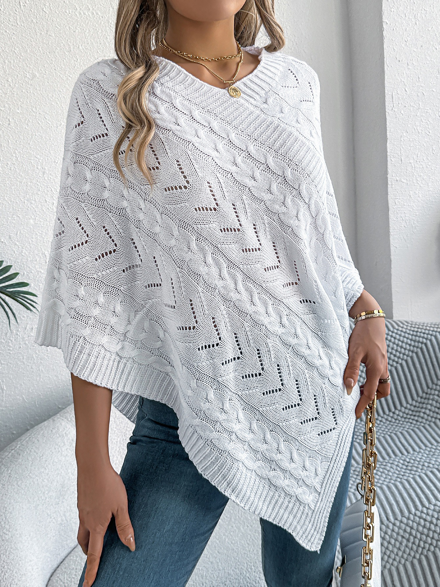 Casual Solid Color Cable Knit Cape Sweater White/M