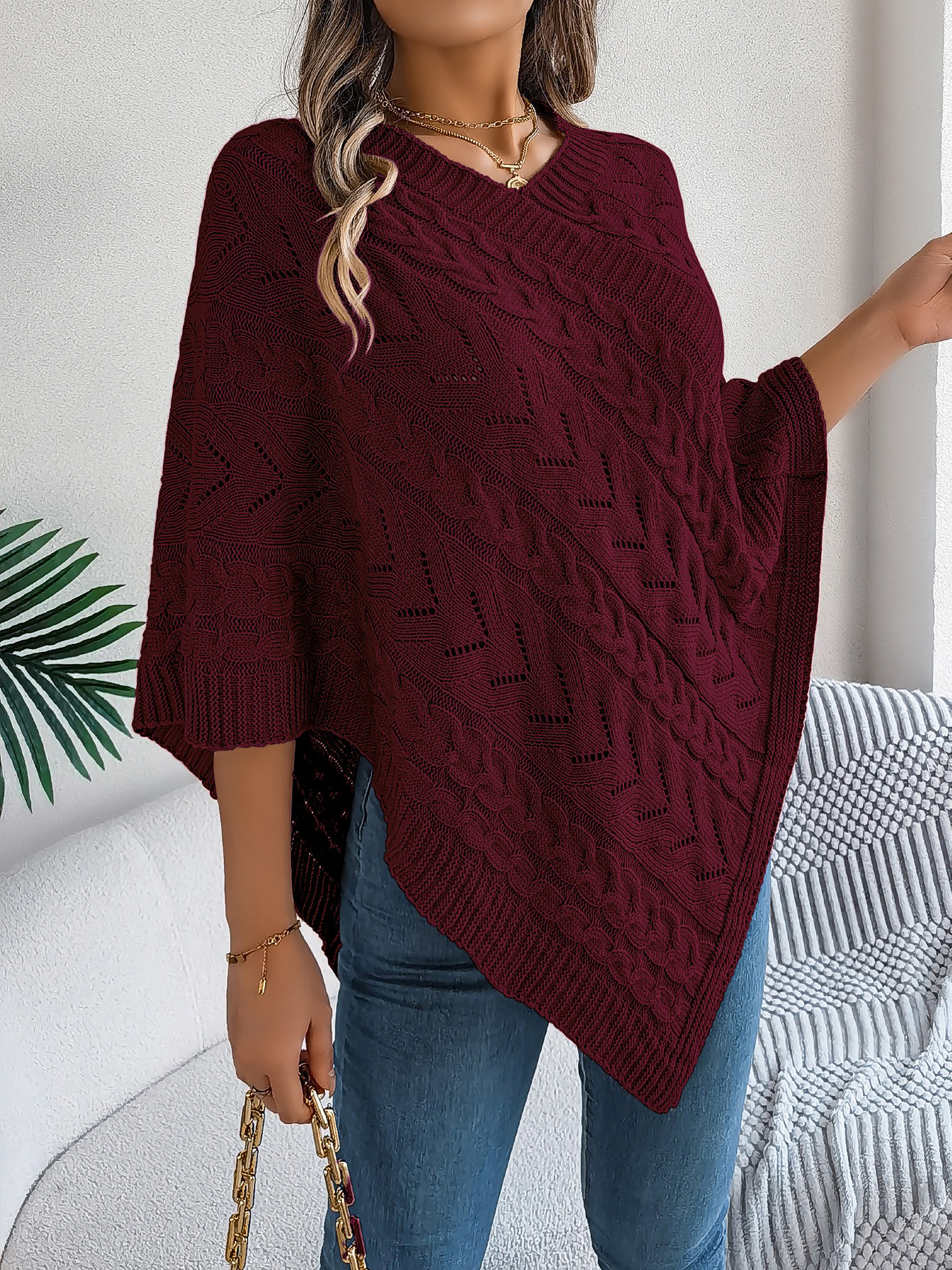 Casual Solid Color Cable Knit Cape Sweater Burgundy/XL