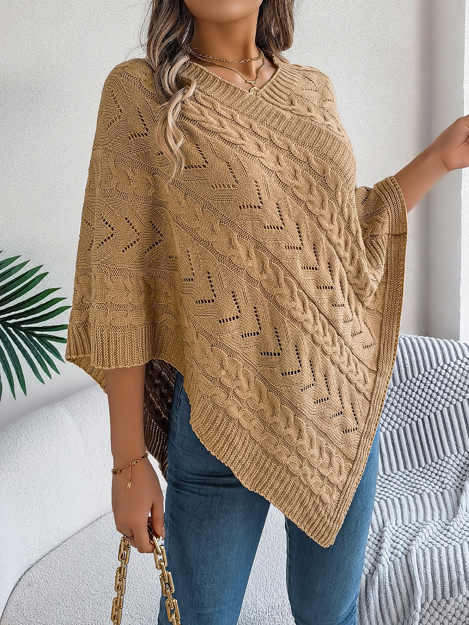 Casual Solid Color Cable Knit Cape Sweater Khaki/L