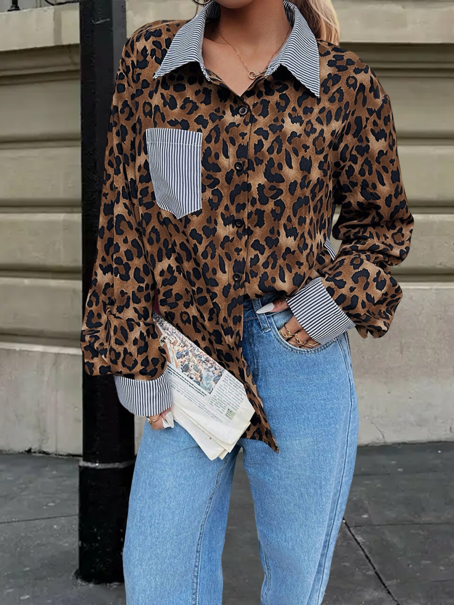 Striped Leopard Patchwork Long Sleeves Shirt Leopard/M