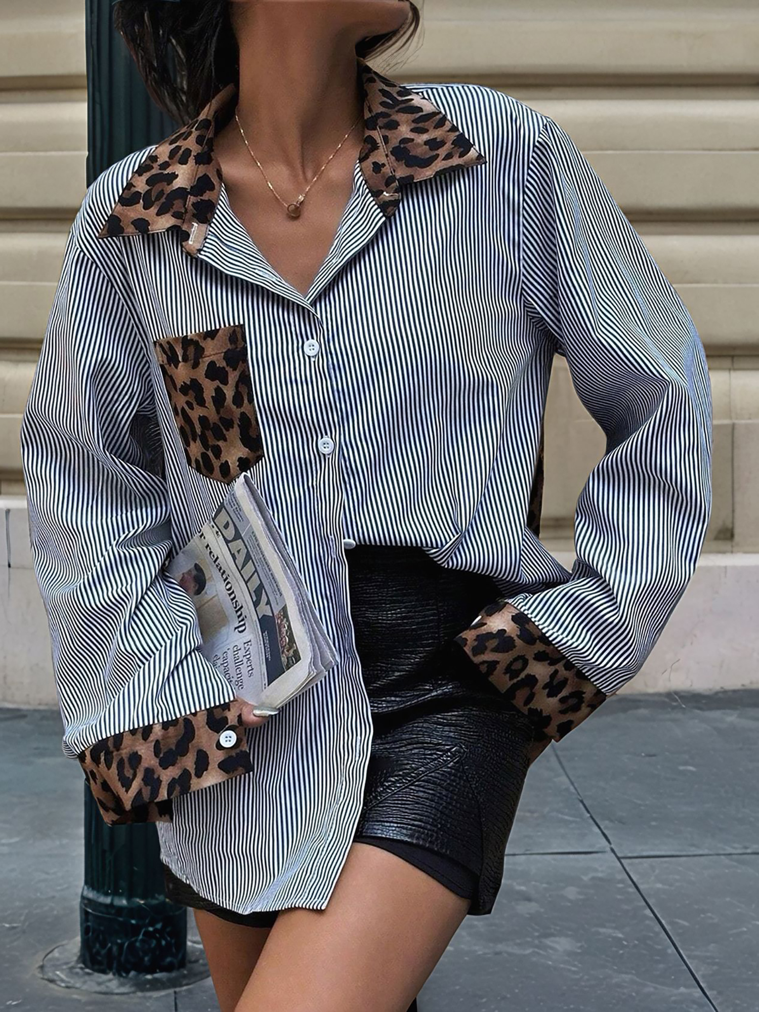 Striped Leopard Patchwork Long Sleeves Shirt Blue/XL