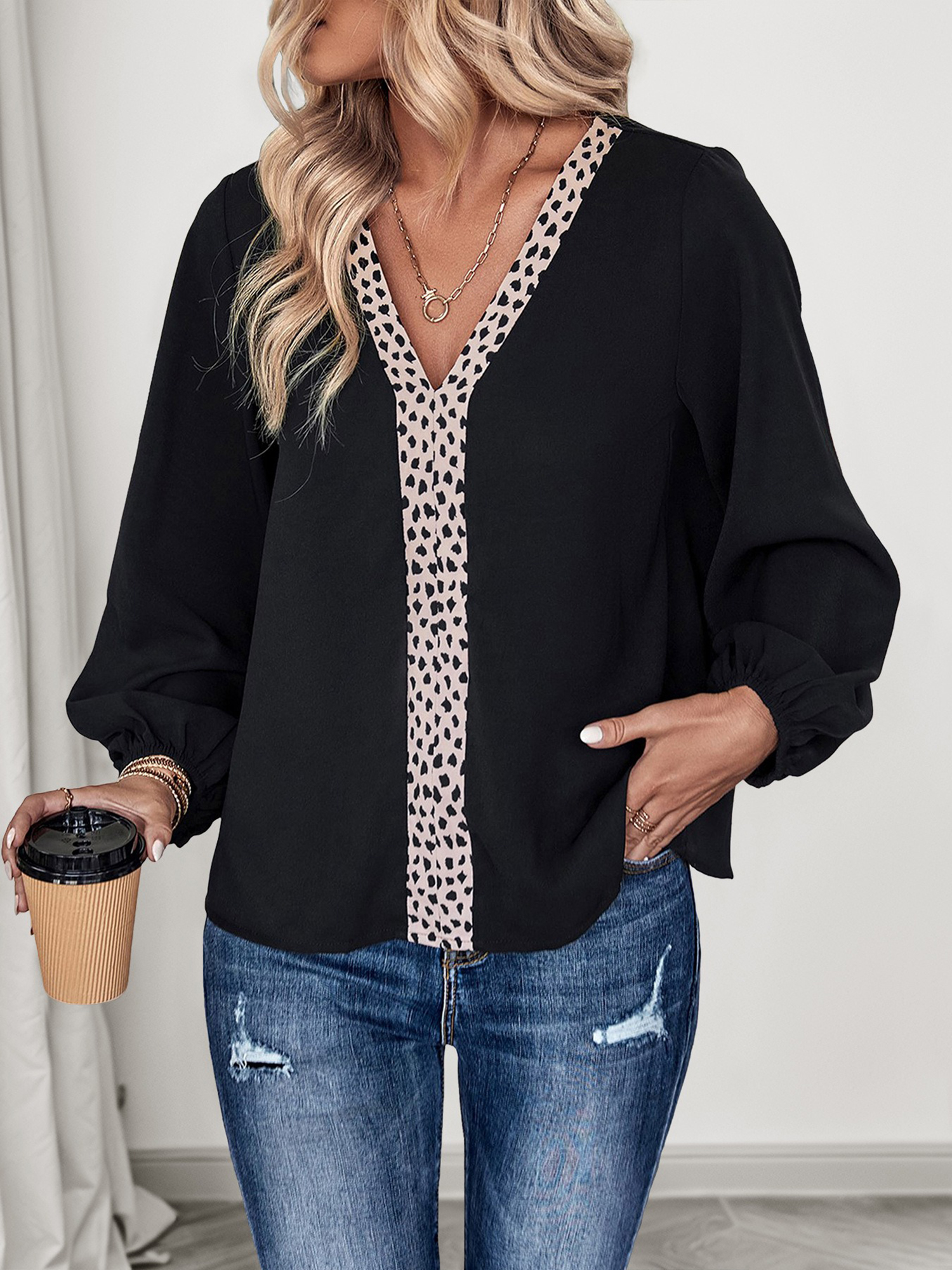 Long Sleeves Leopard Print Patchwork Blouse Black/M