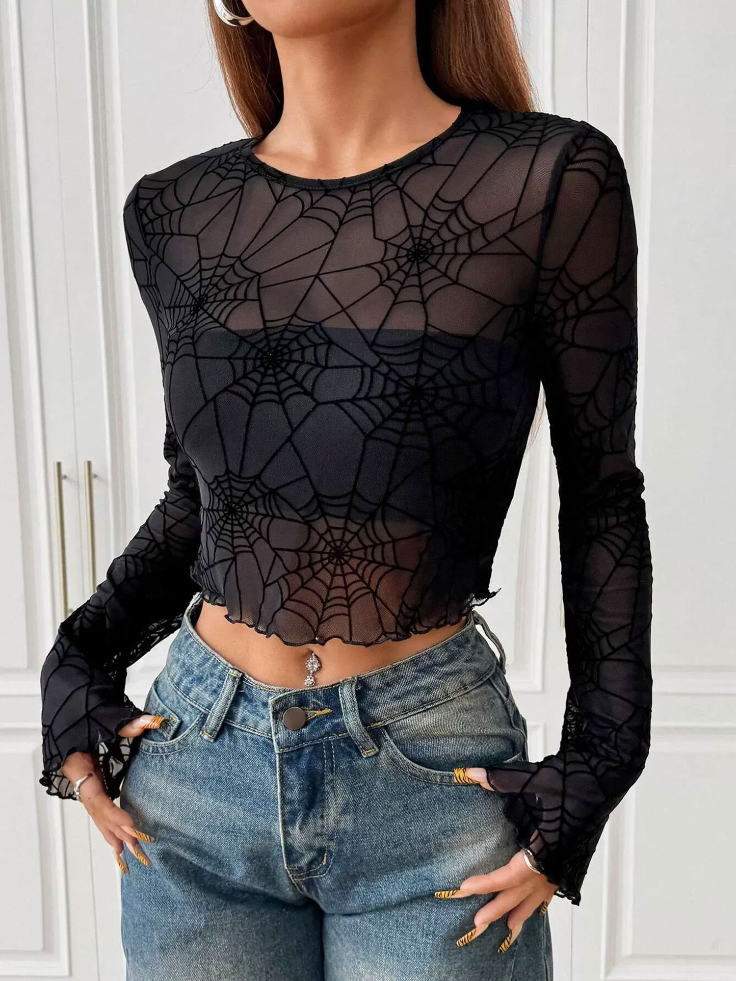 Halloween Mesh Spider Web Cropped Top Black/L