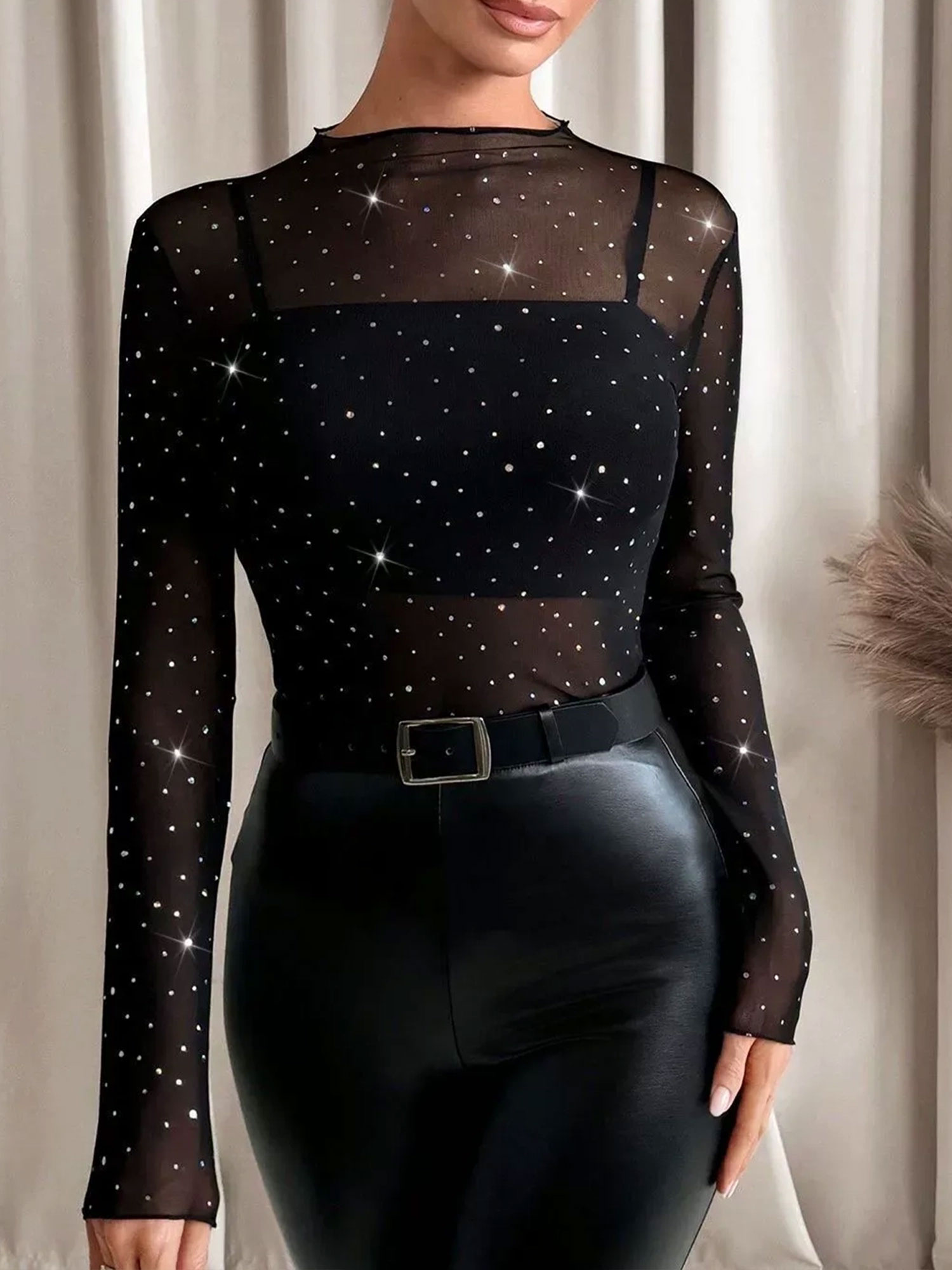 Mock Neck Long Sleeves Mesh Rhinestone Sheer Top Black/L