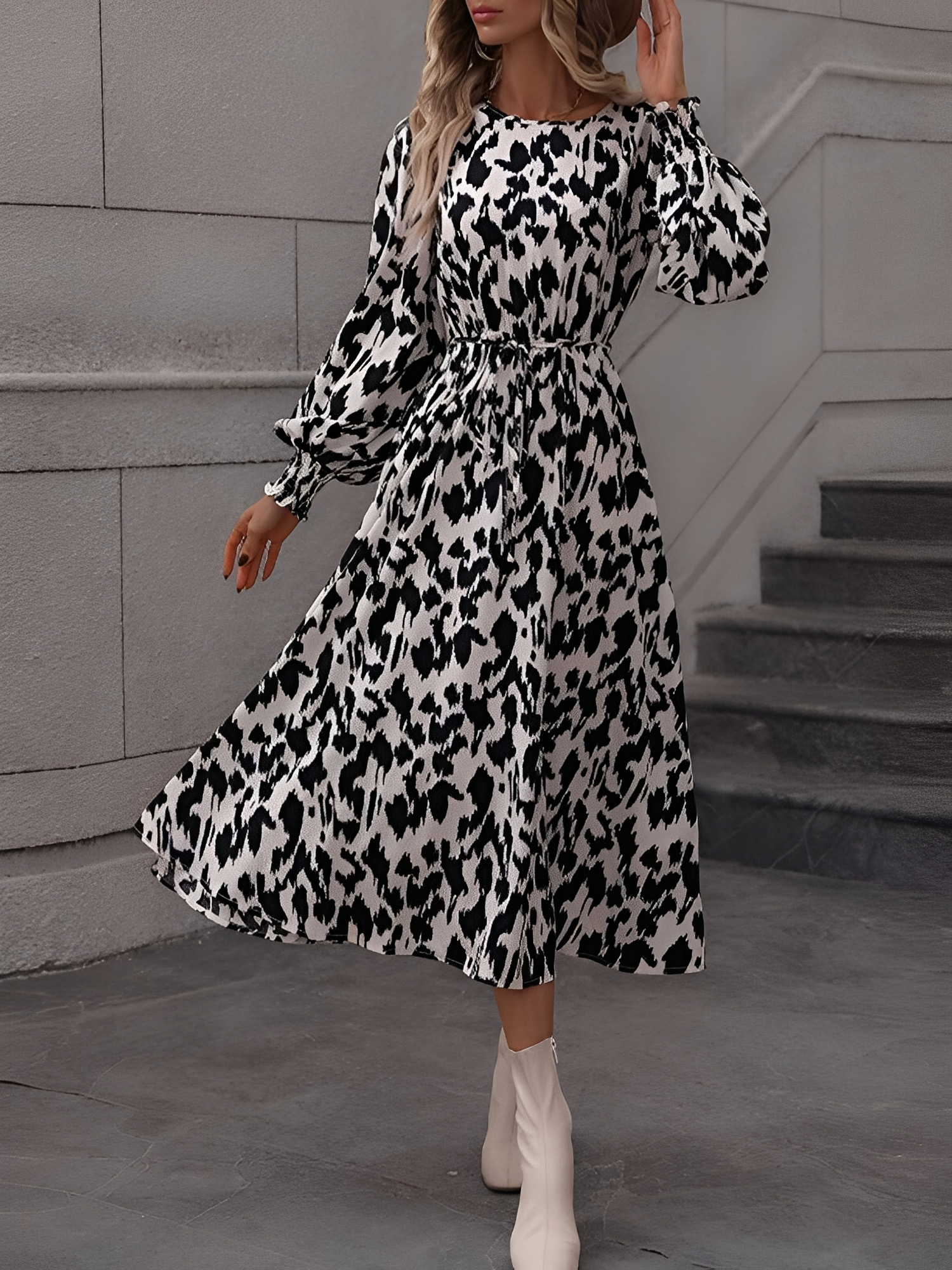 Leopard Print Tie Waist Long Sleeves A-Line Dress White/L