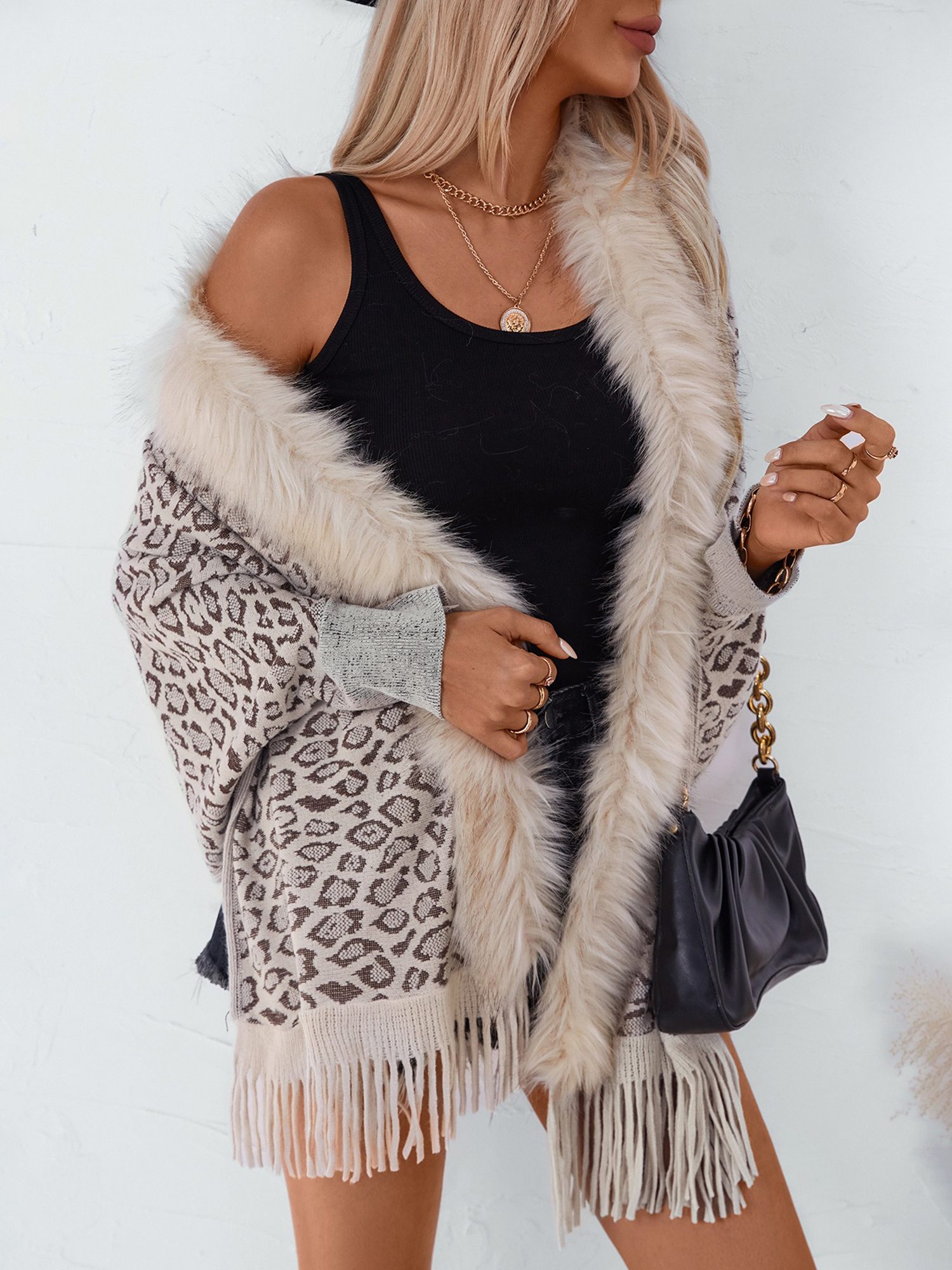 Leopard Print Faux Fur Trim Knitted Bat Sleeve Cardigan Beige/One Size