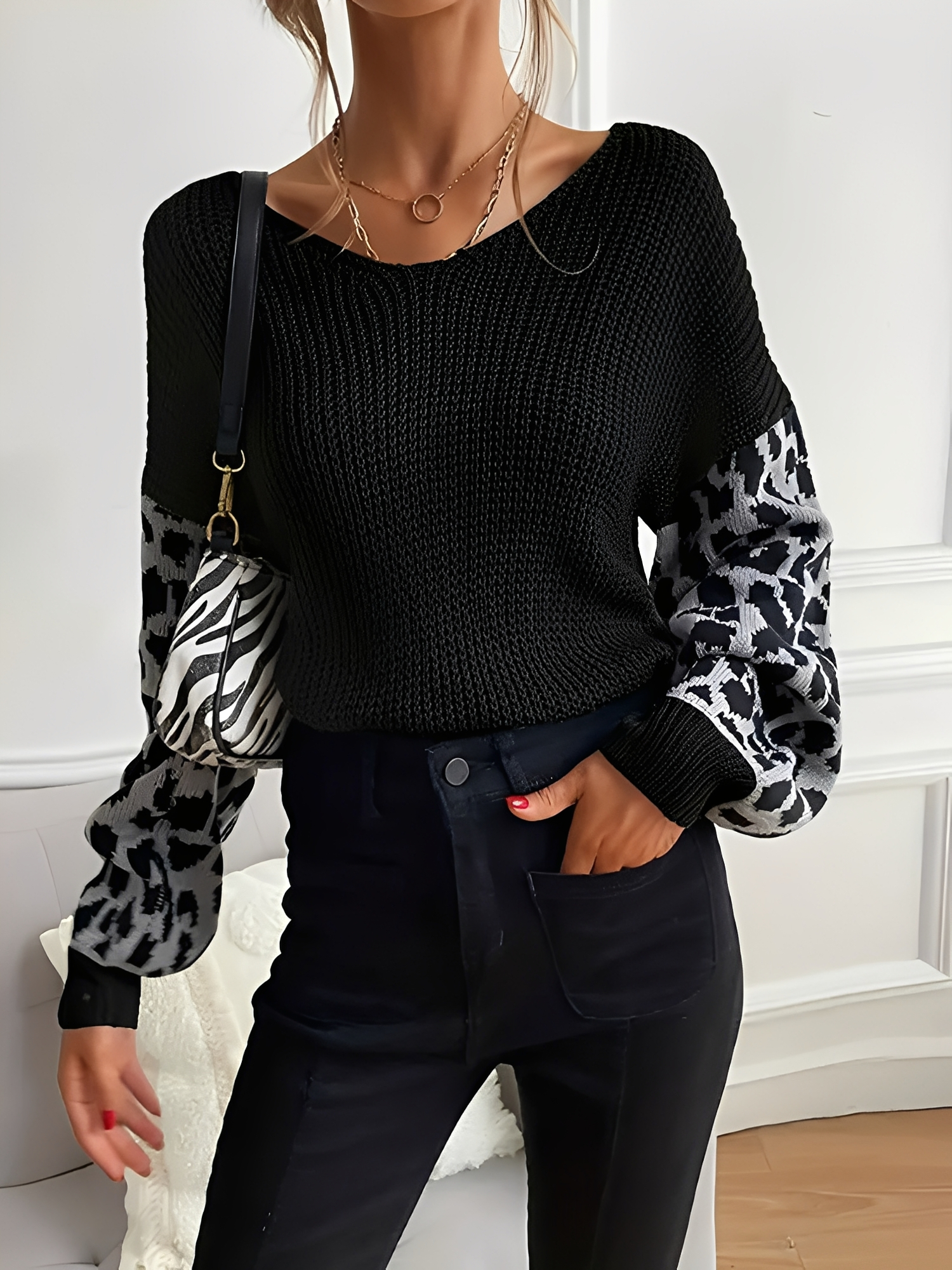 V Neck Leopard Print Casual Ribbed Knit Sweater Black/S