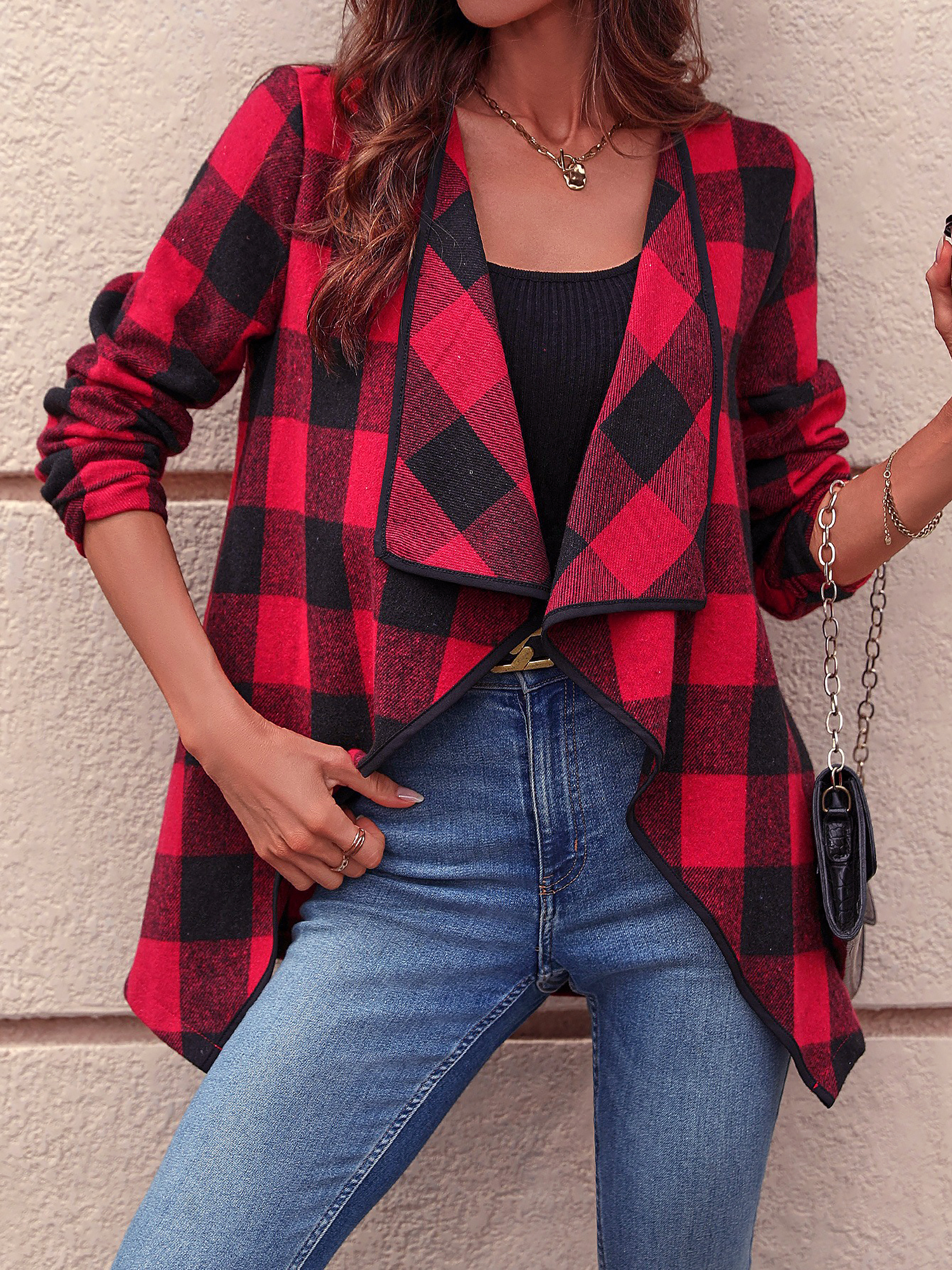 Plaid Long Sleeves Irregular Hem Open Front Jacket Red/M