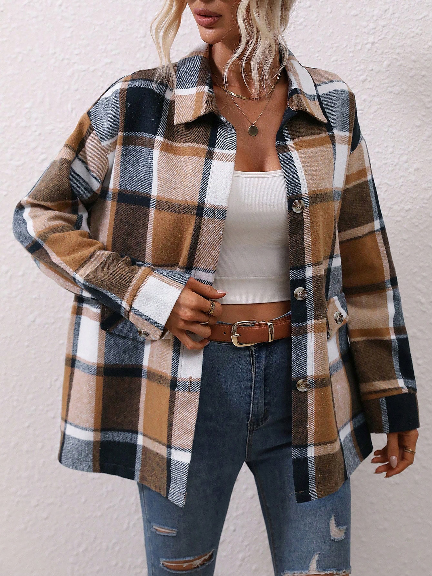 Plaid Button Down Long Sleeves Shirt Jacket Shacket Brown/S