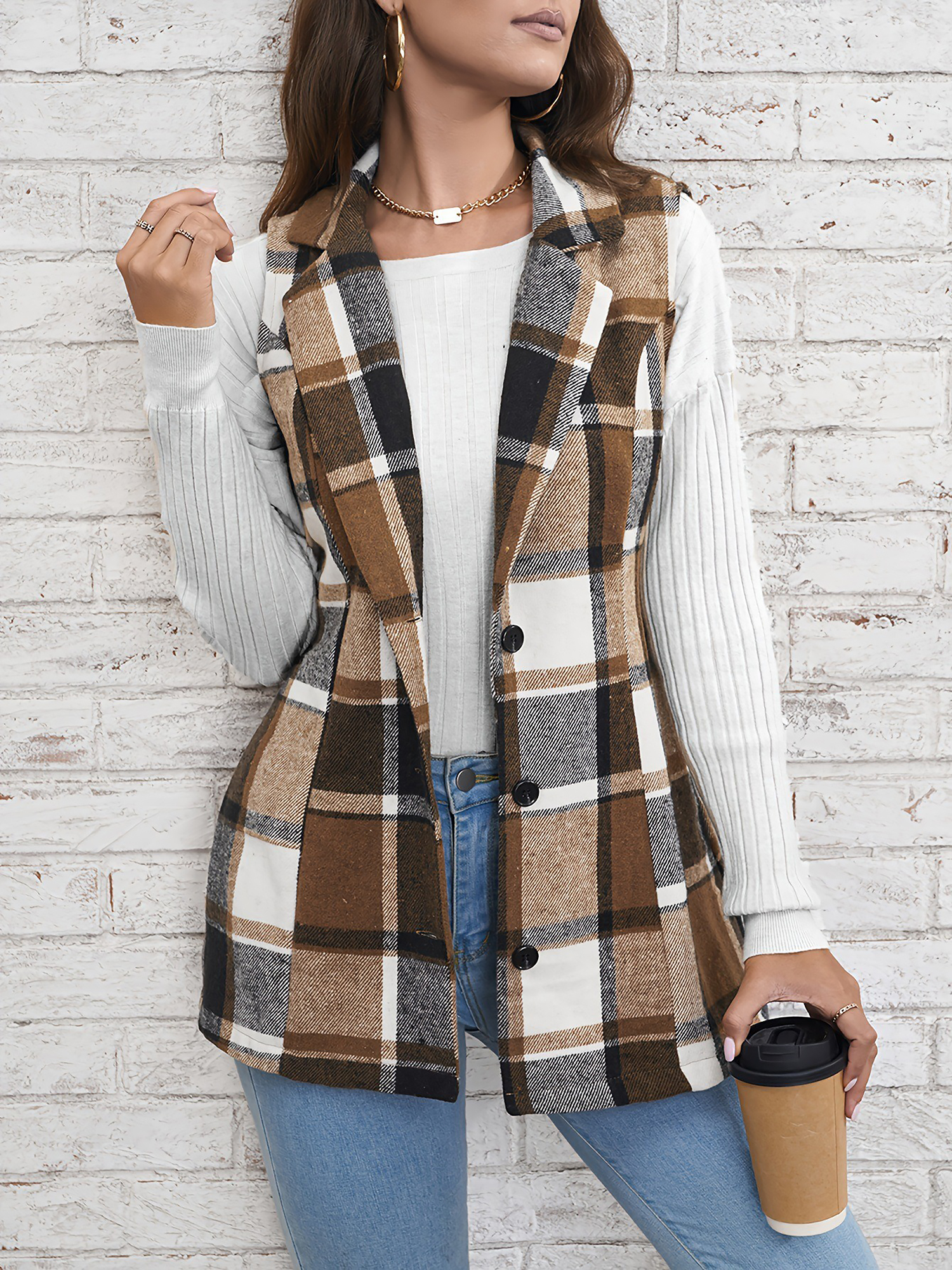 Notch Neck Button Down Sleeveless Plaid Vest Light Brown/M