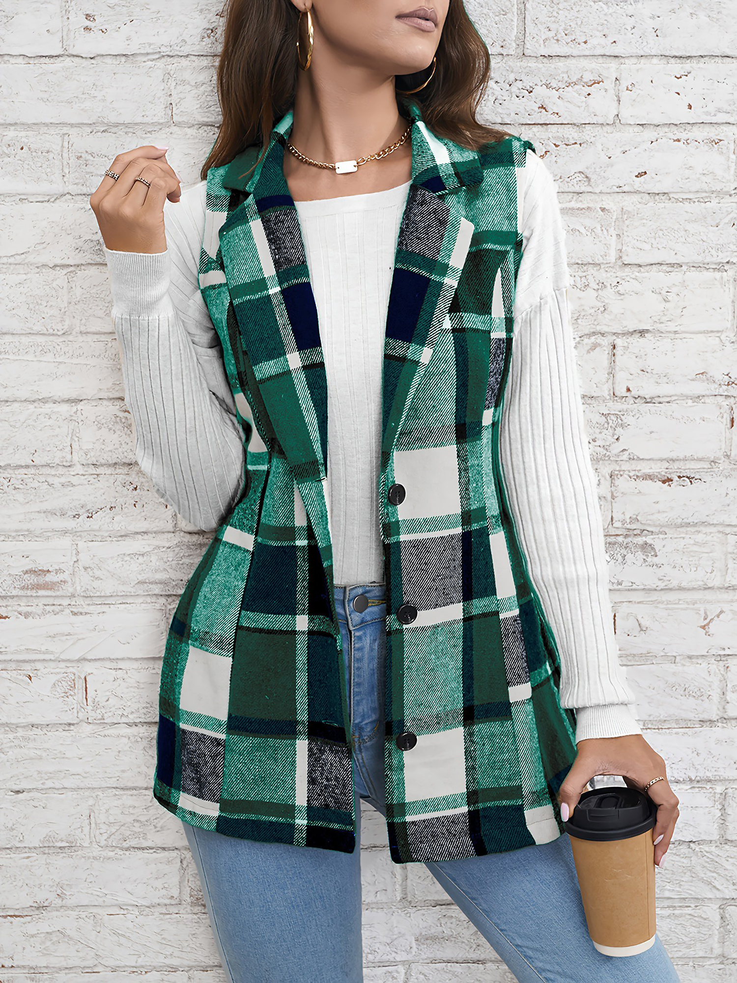 Notch Neck Button Down Sleeveless Plaid Vest Green/L