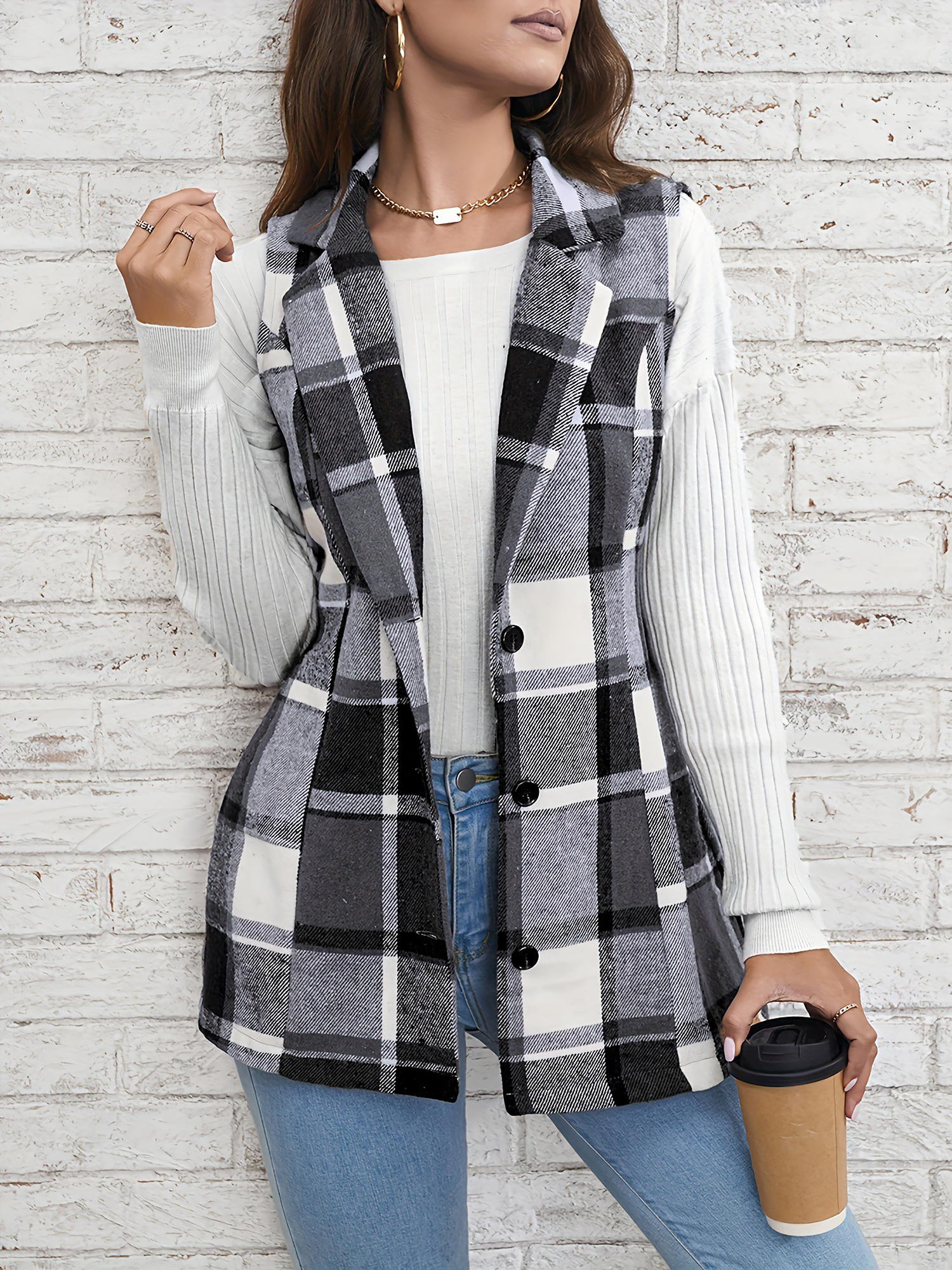 Notch Neck Button Down Sleeveless Plaid Vest Dark Gray/L