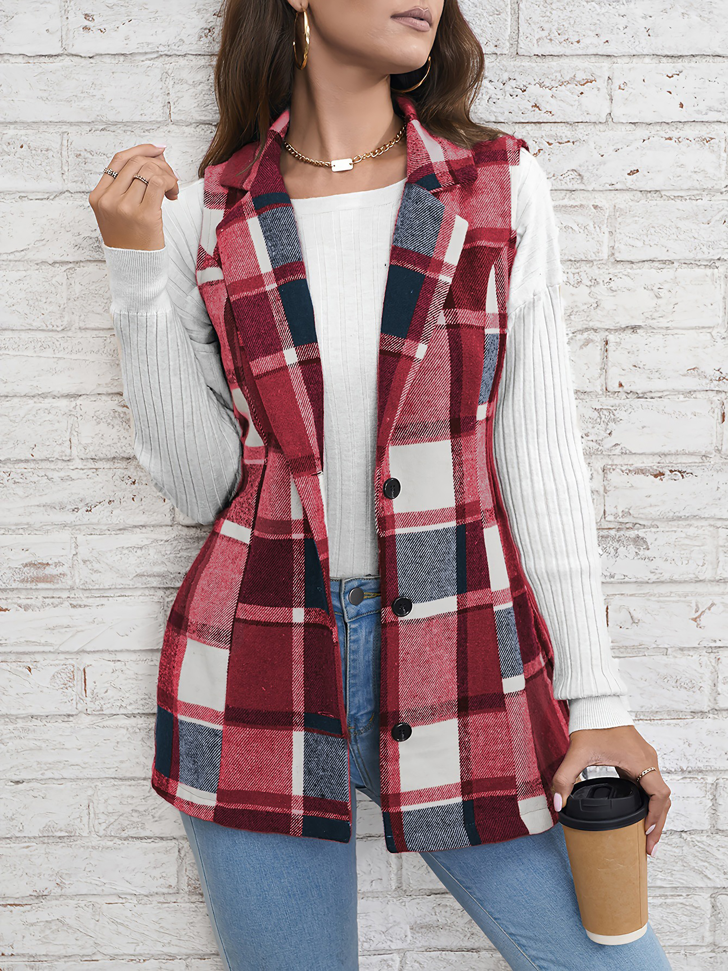 Notch Neck Button Down Sleeveless Plaid Vest Burgundy/XS