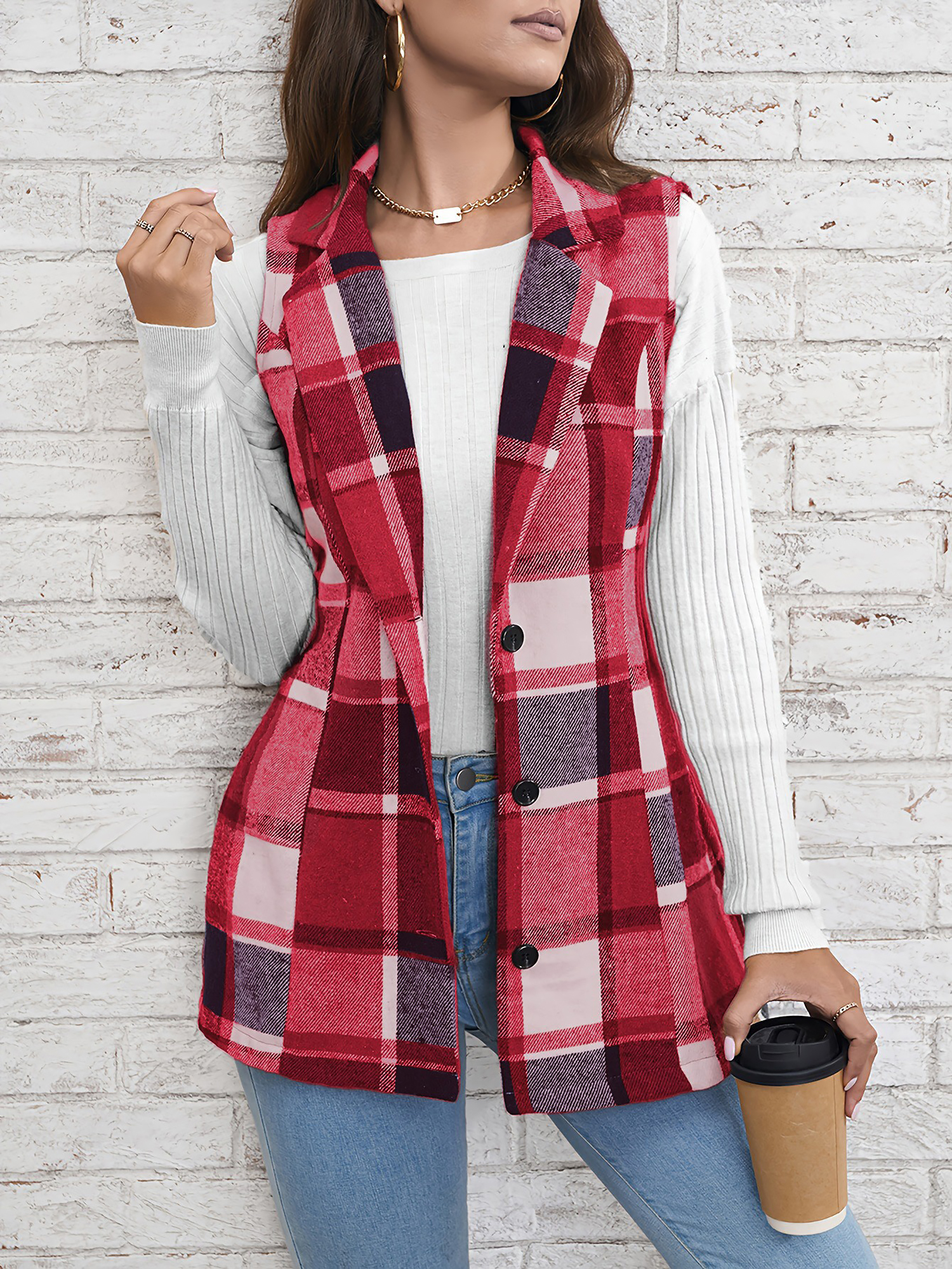 Notch Neck Button Down Sleeveless Plaid Vest Red/M