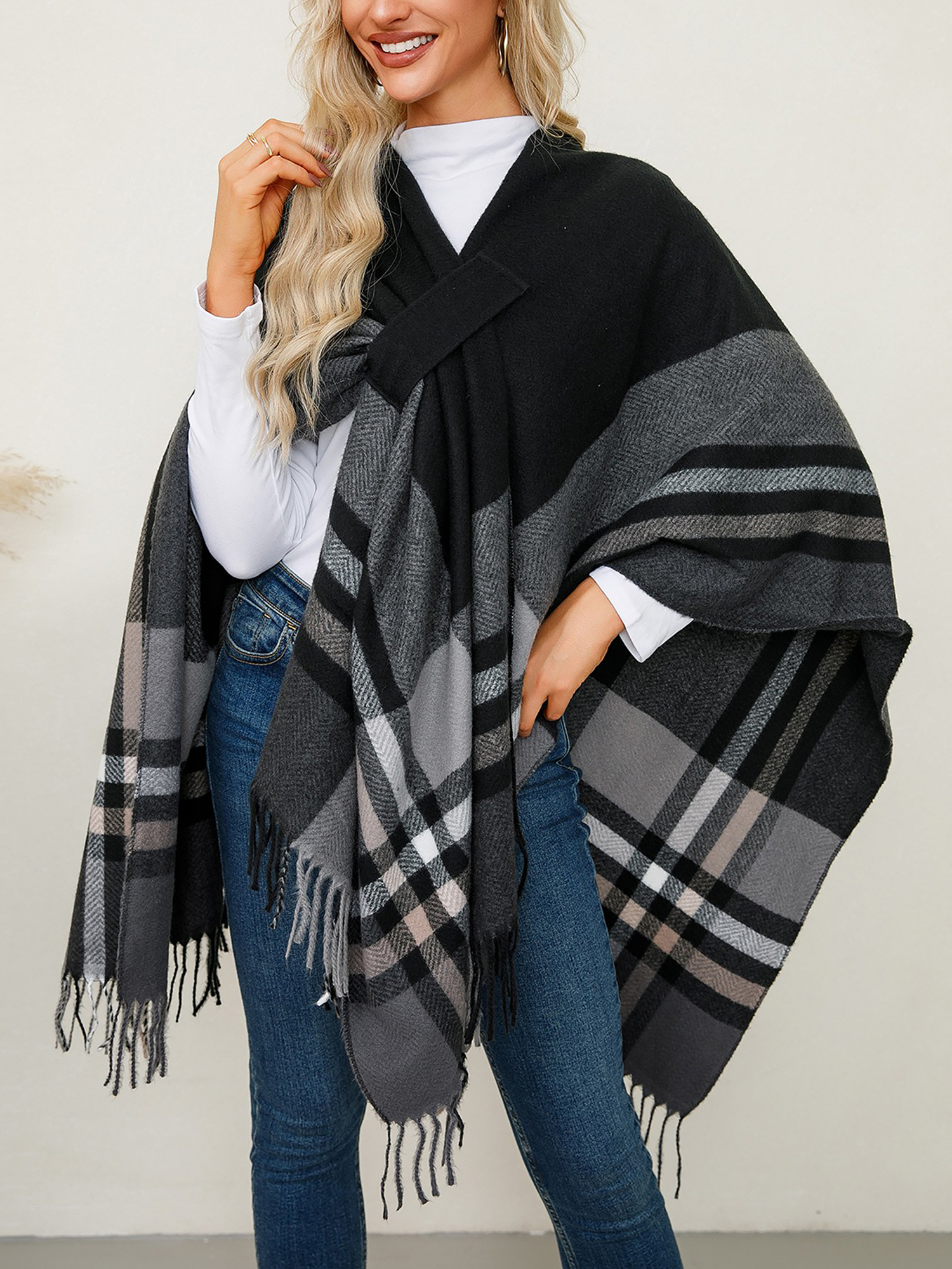 Plaid Shawl Scarf Knitted Poncho Cape Cloak Jacket Black/One Size