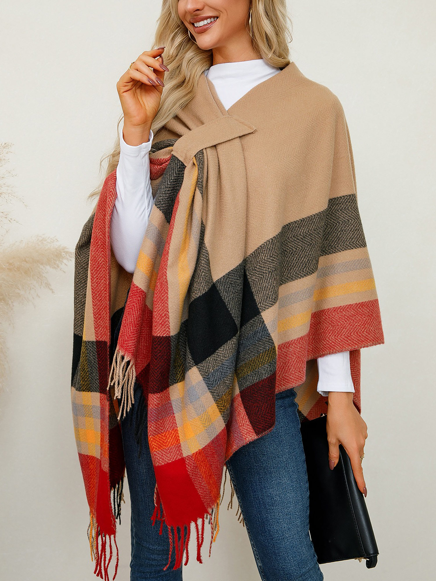 Plaid Shawl Scarf Knitted Poncho Cape Cloak Jacket Khaki/One Size