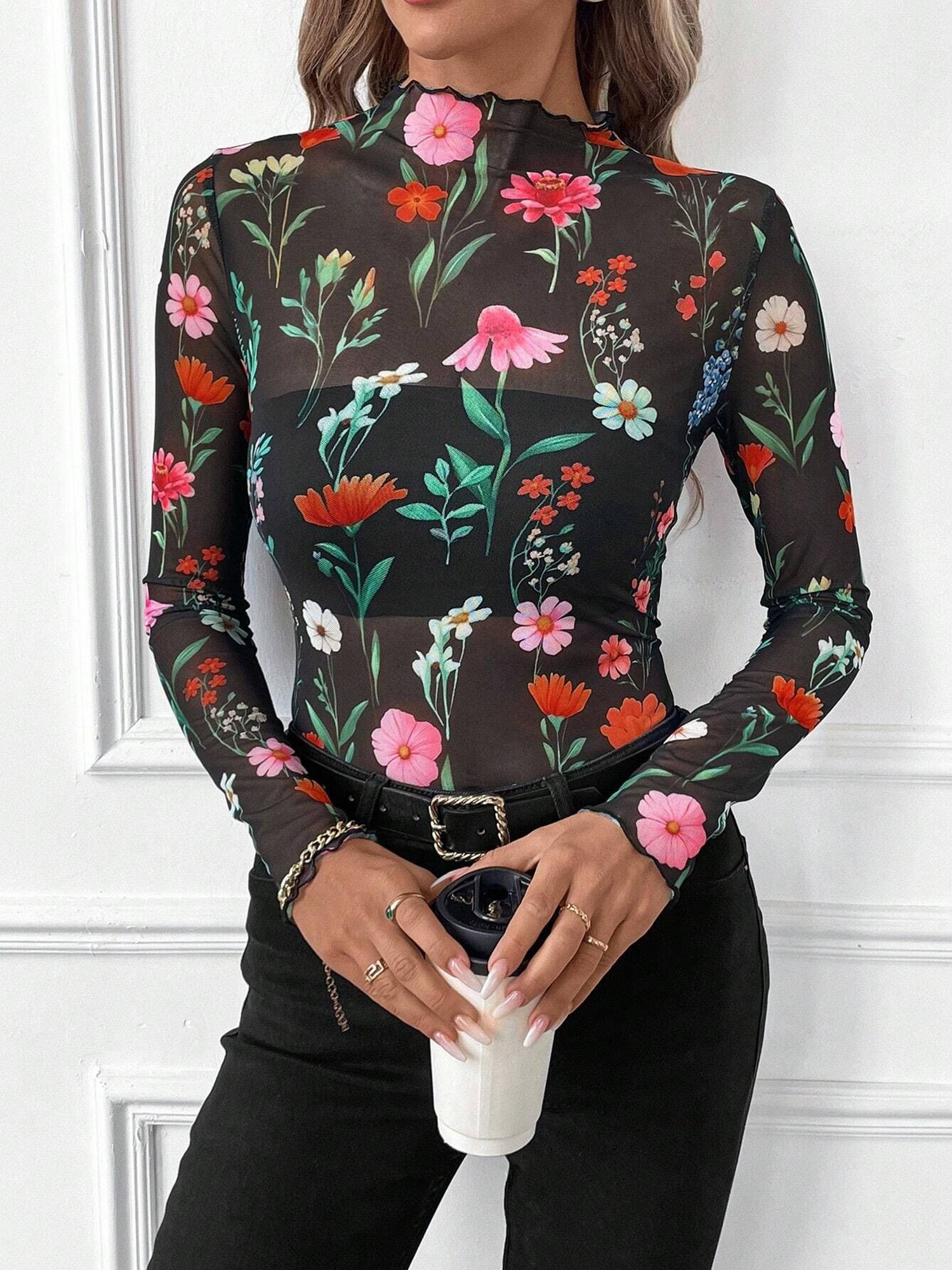 Mesh Ruffled Printed Long Sleeves Blouse Black/XL
