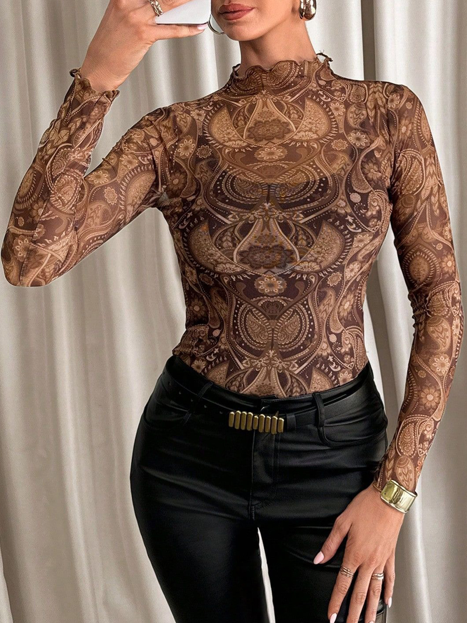 Mesh Ruffled Printed Long Sleeves Blouse Brown/XS