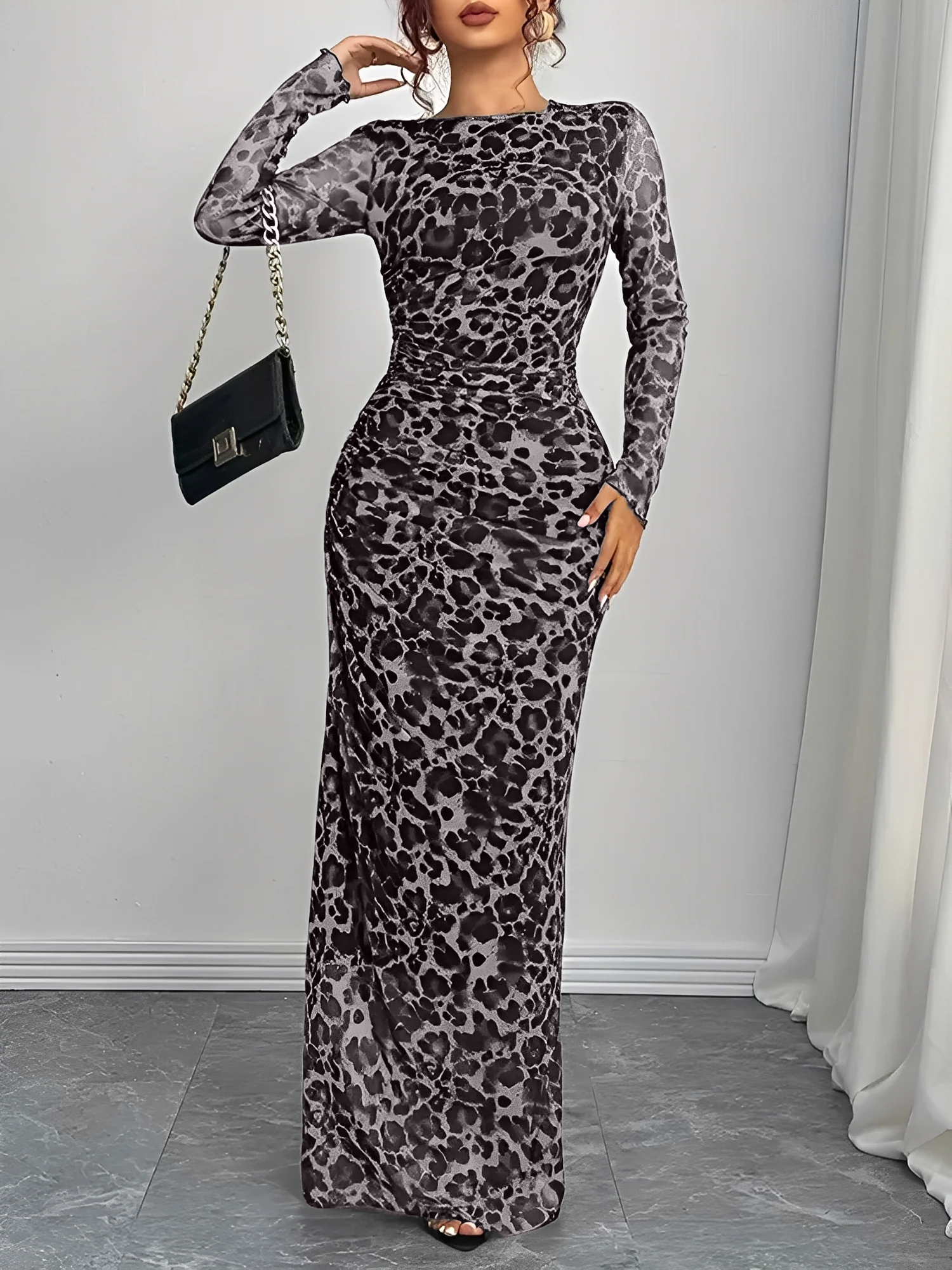 Leopard Print Mesh Ruched Bodycon Maxi Dress Gray/M