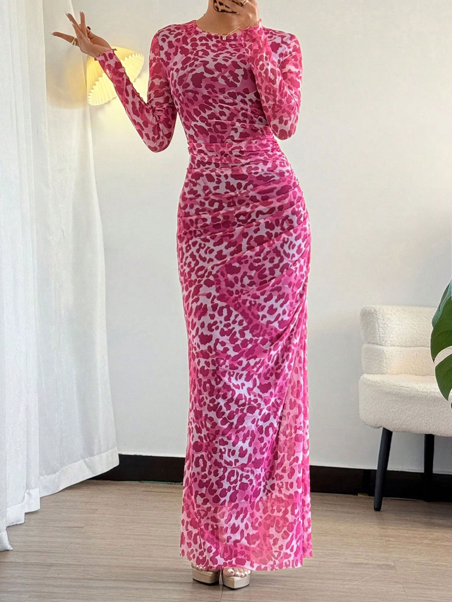 Leopard Print Mesh Ruched Bodycon Maxi Dress Pink/L