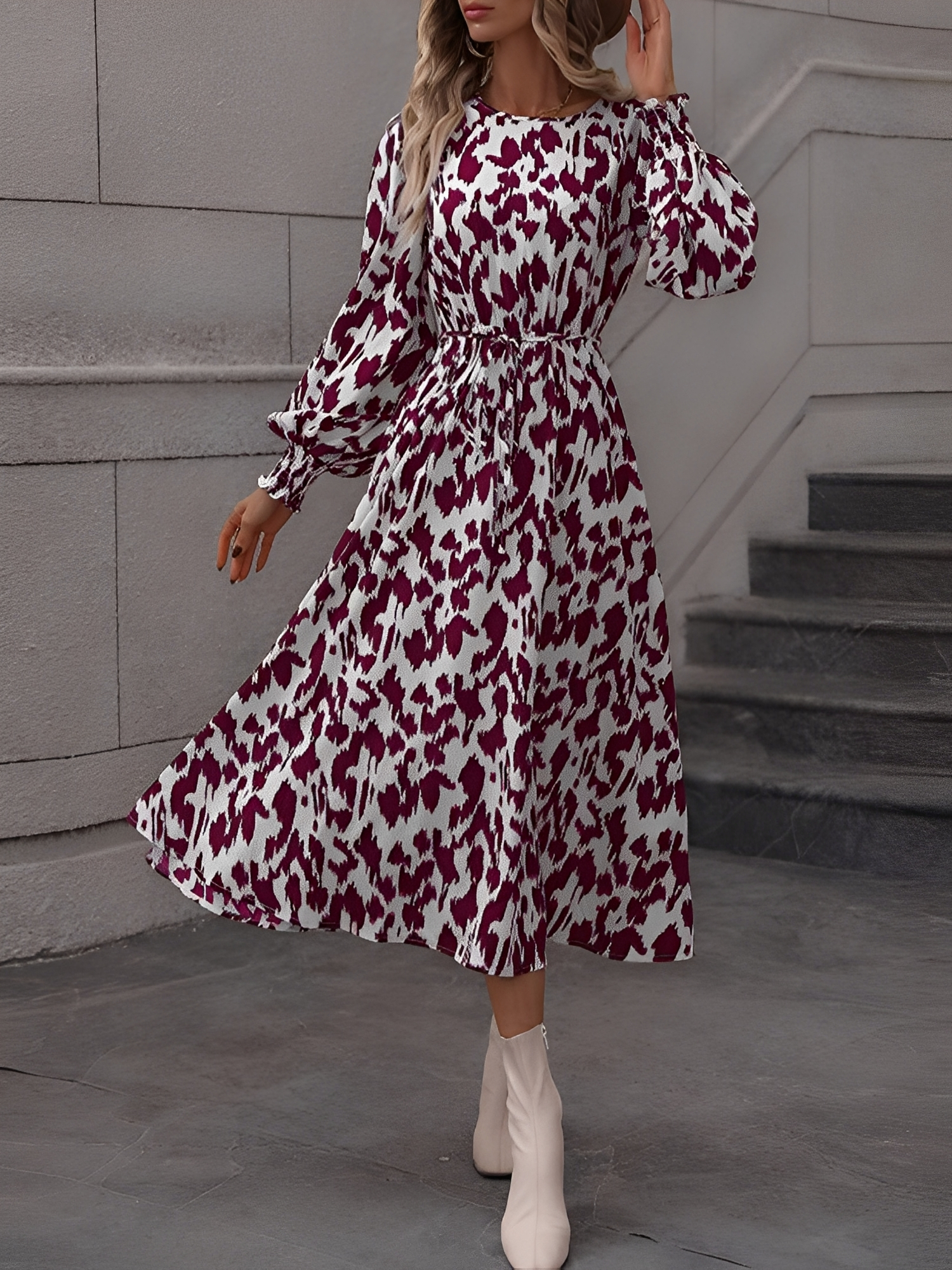 Leopard Print Tie Waist Long Sleeves A-Line Dress Burgundy/M
