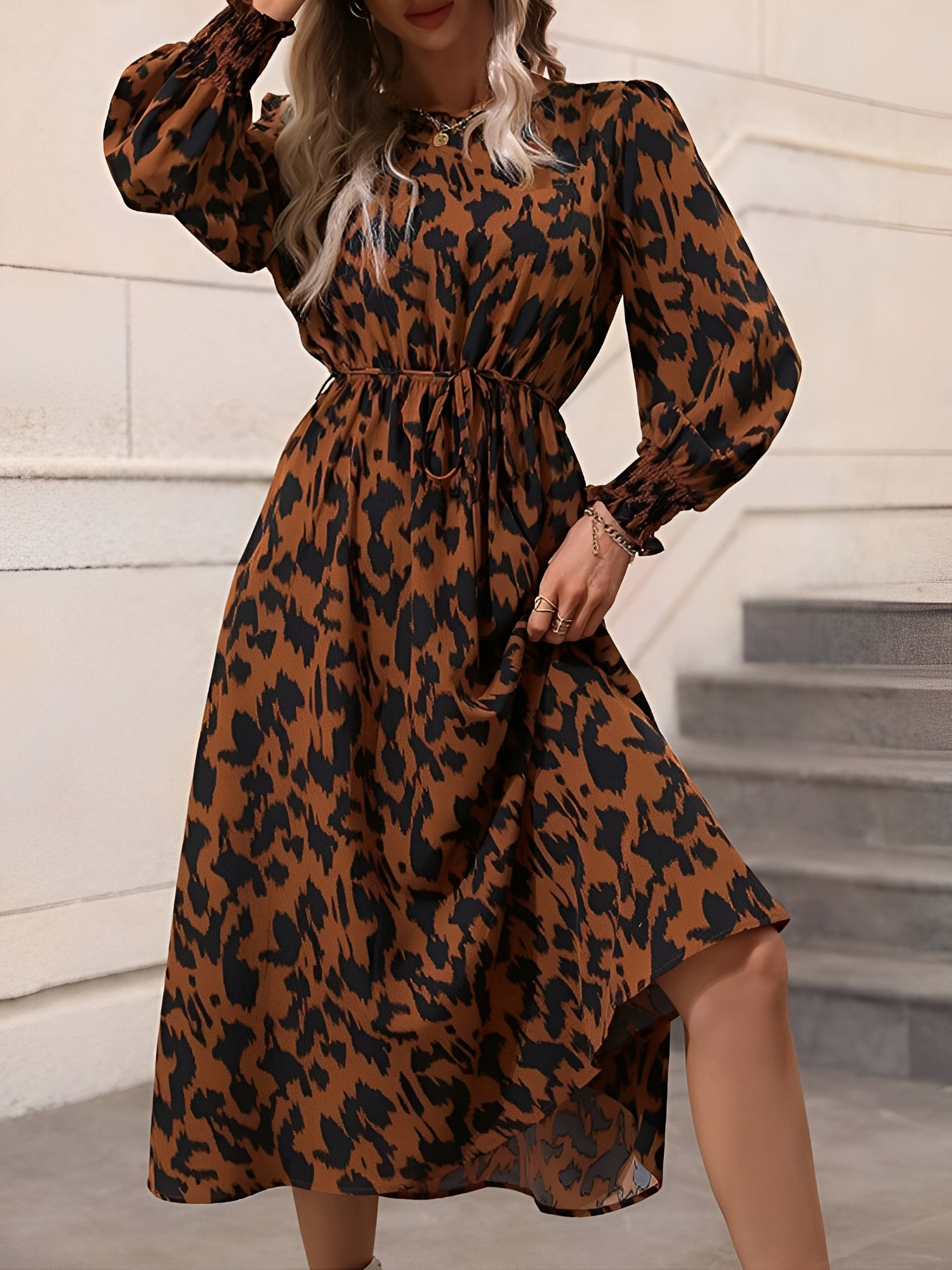Leopard Print Tie Waist Long Sleeves A-Line Dress Leopard/M